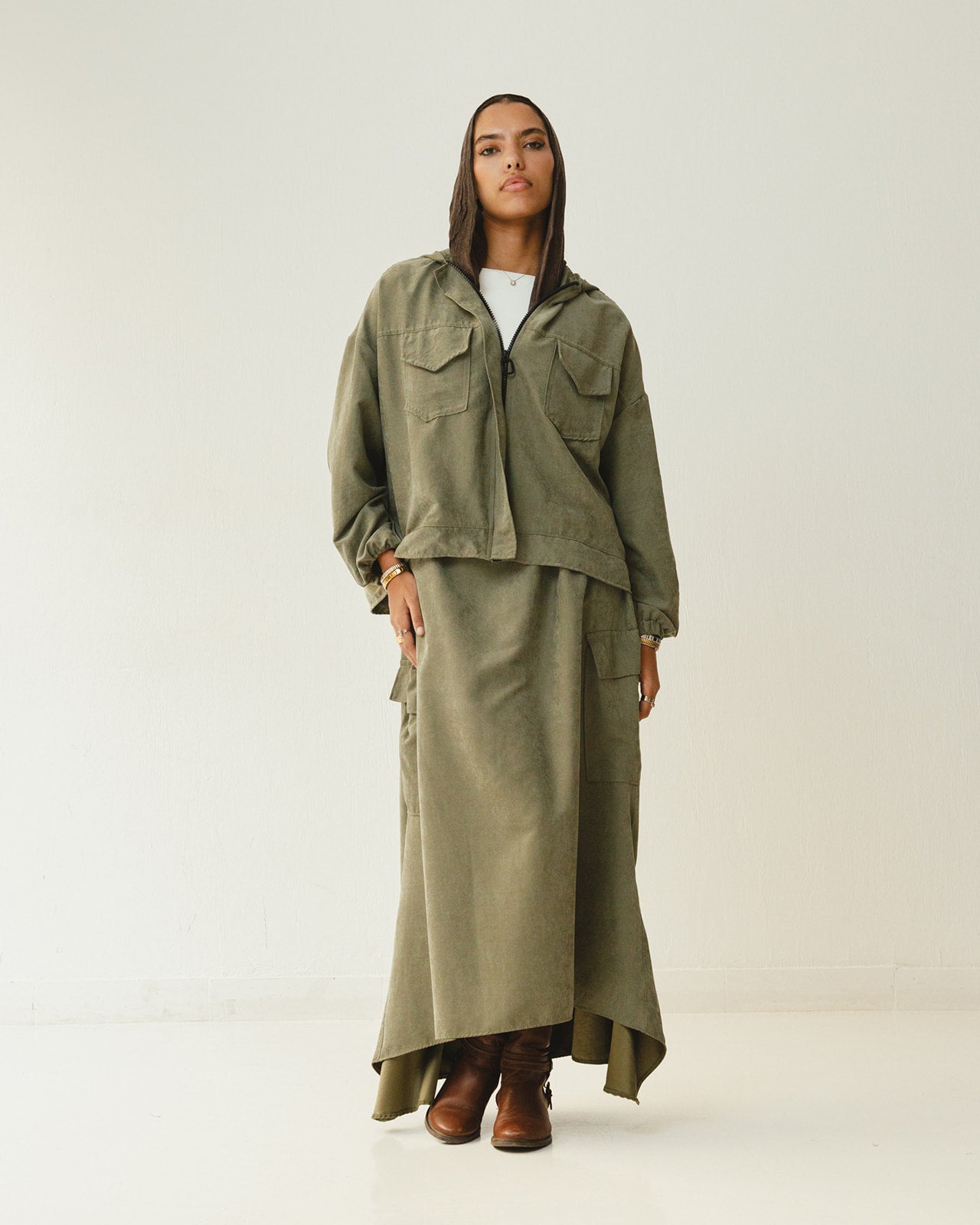 Bomber Jacket Flowy Skirt Set in Olive