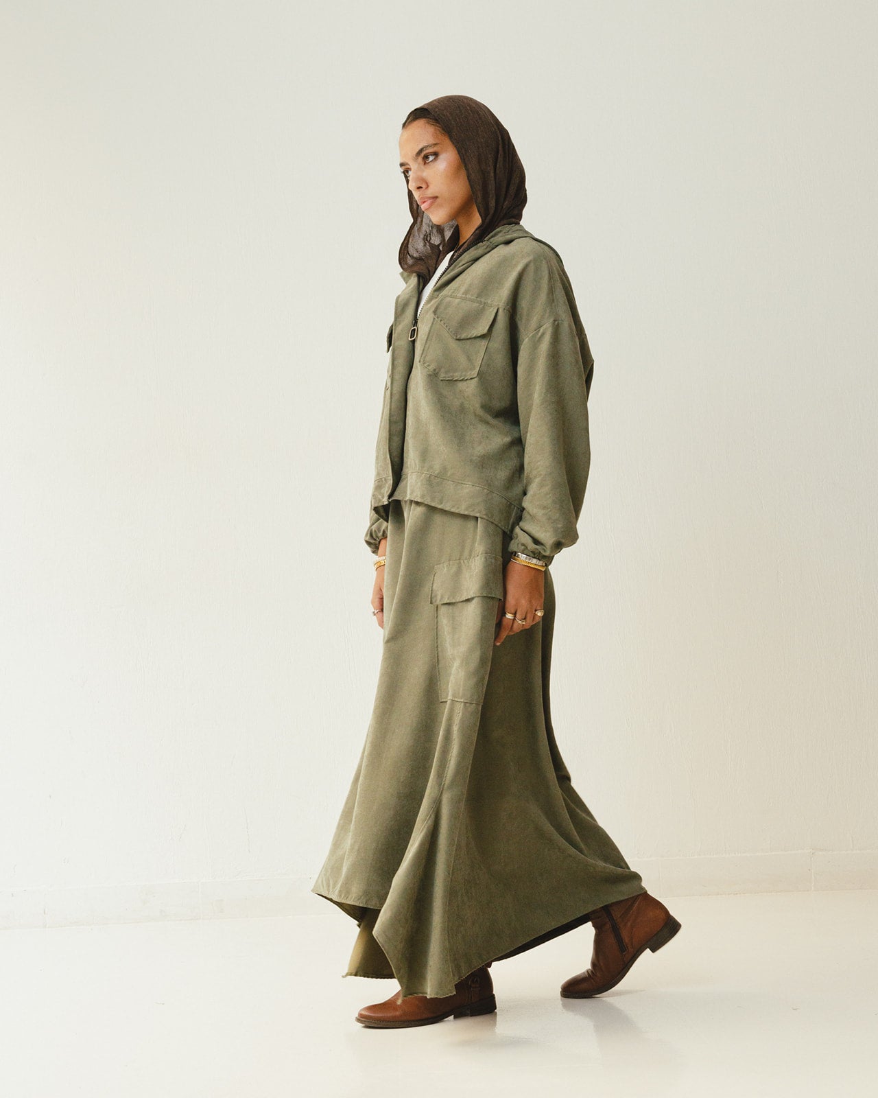 Bomber Jacket Flowy Skirt Set in Olive