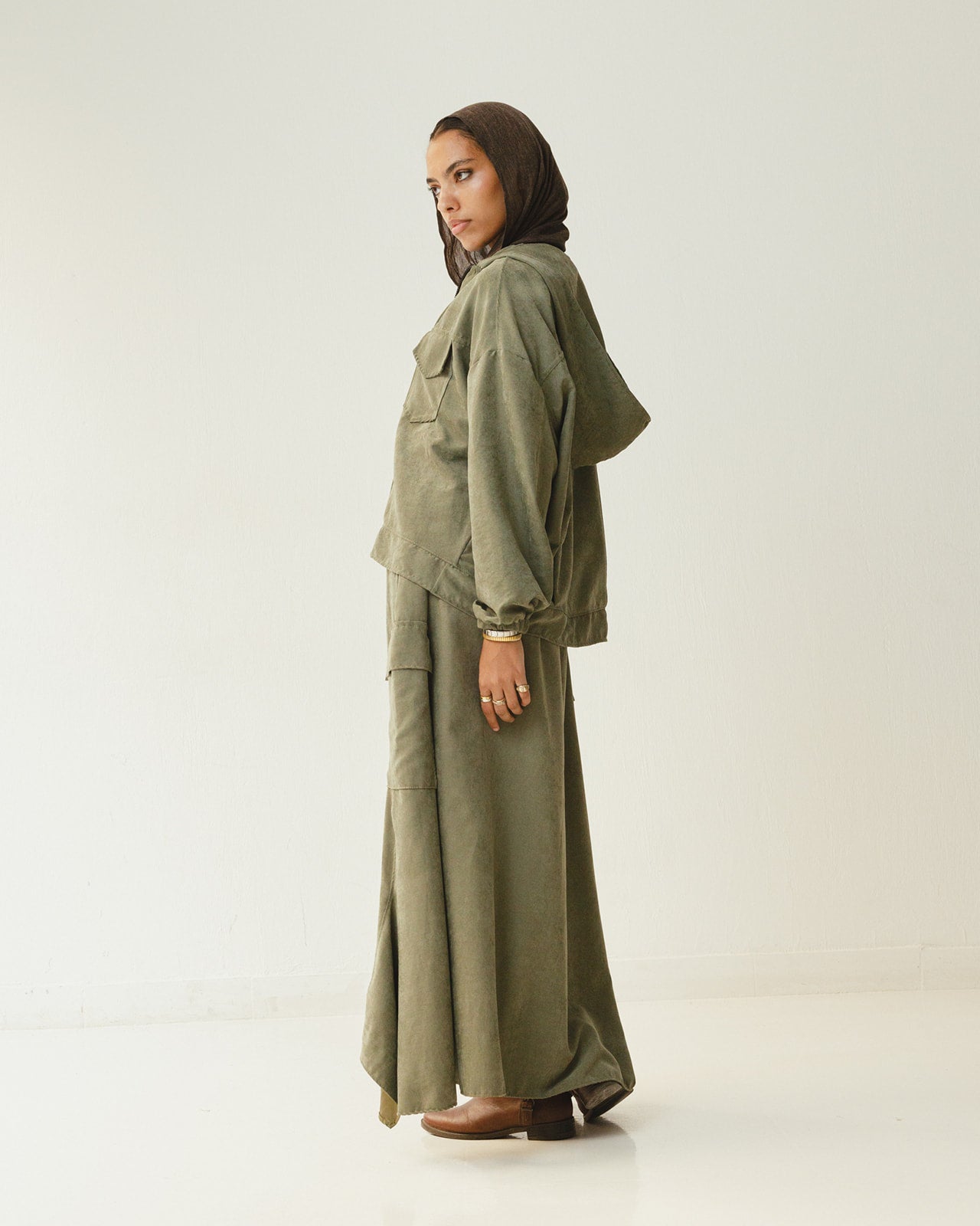 Bomber Jacket Flowy Skirt Set in Olive