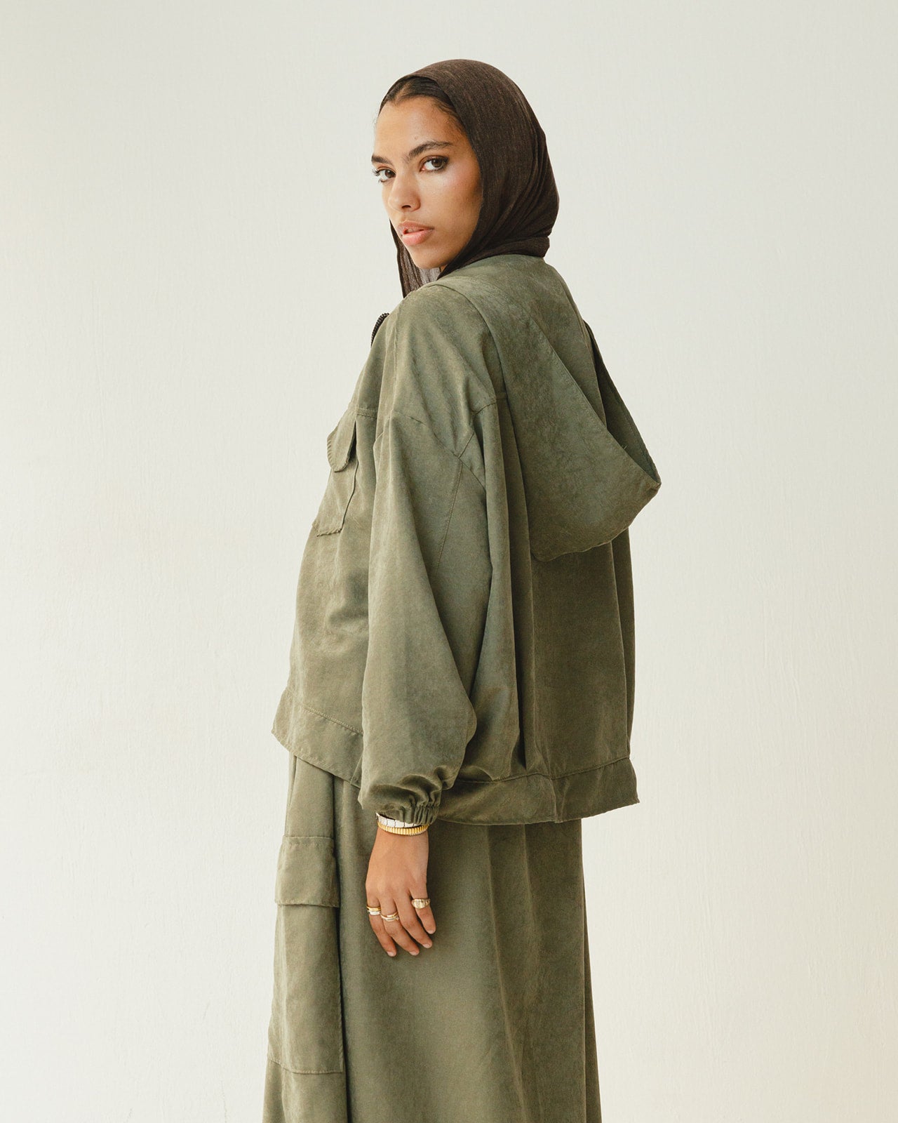 Bomber Jacket Flowy Skirt Set in Olive