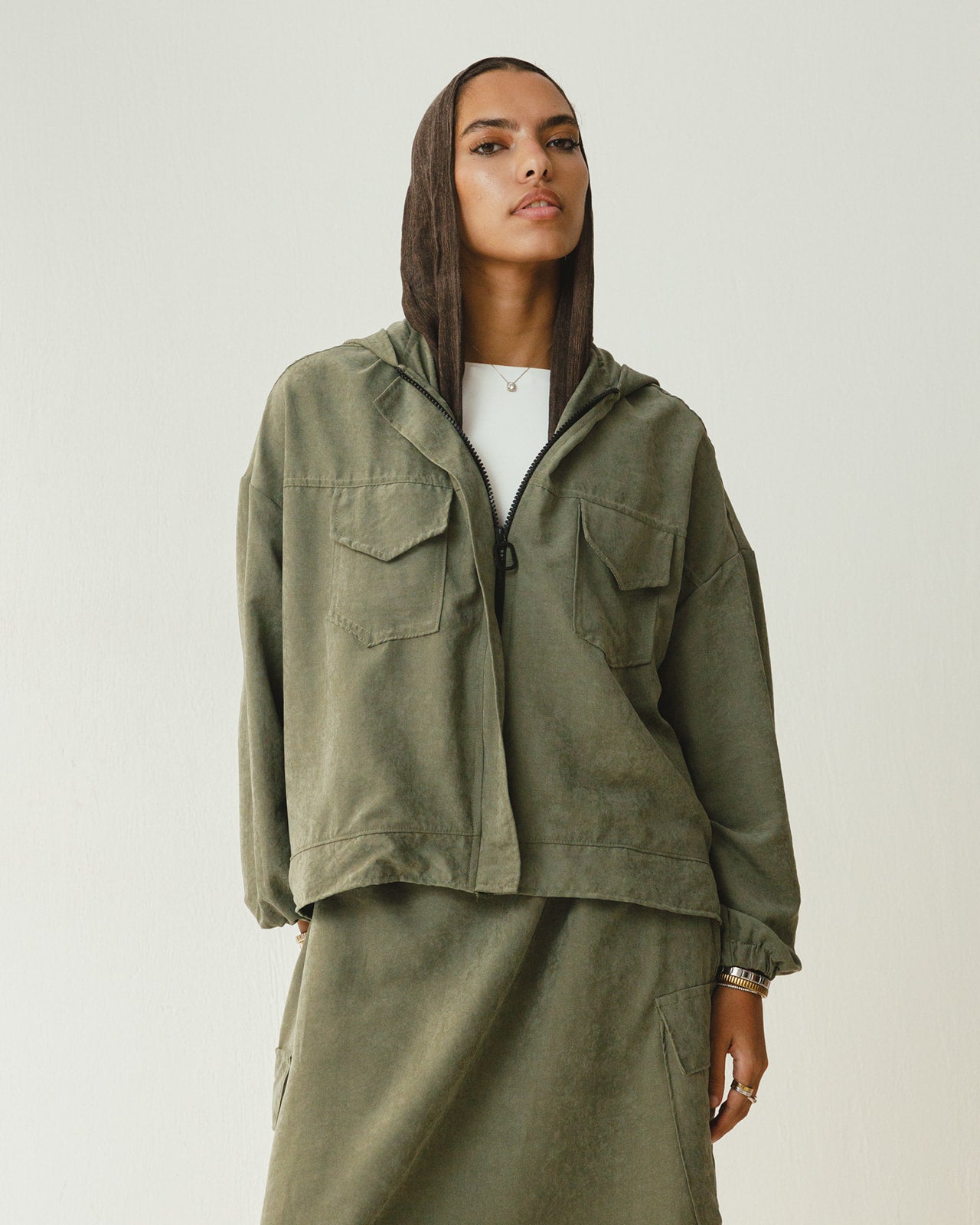 Bomber Jacket Flowy Skirt Set in Olive