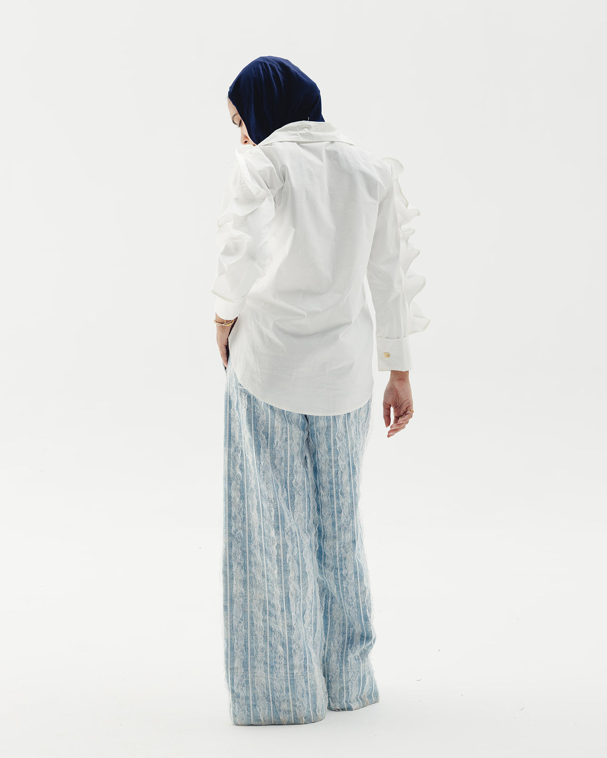 Lace Wide-leg Belted Denim Pants
