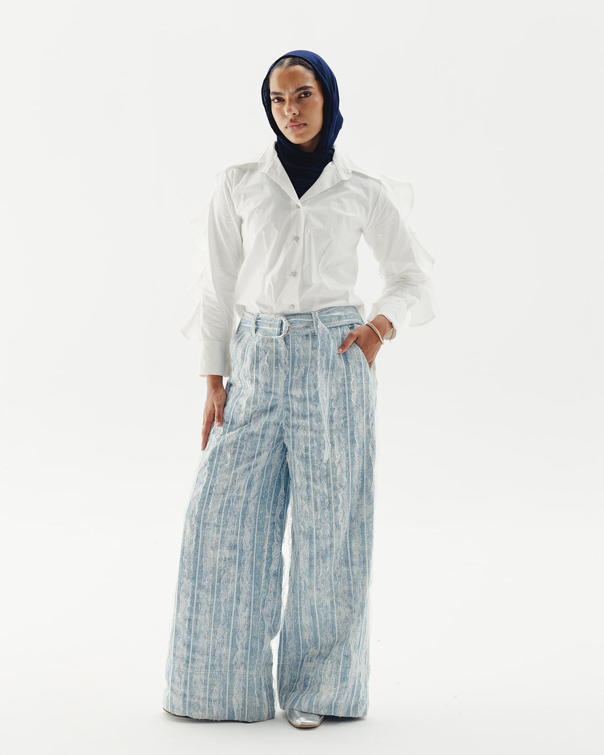 Lace Wide-leg Belted Denim Pants
