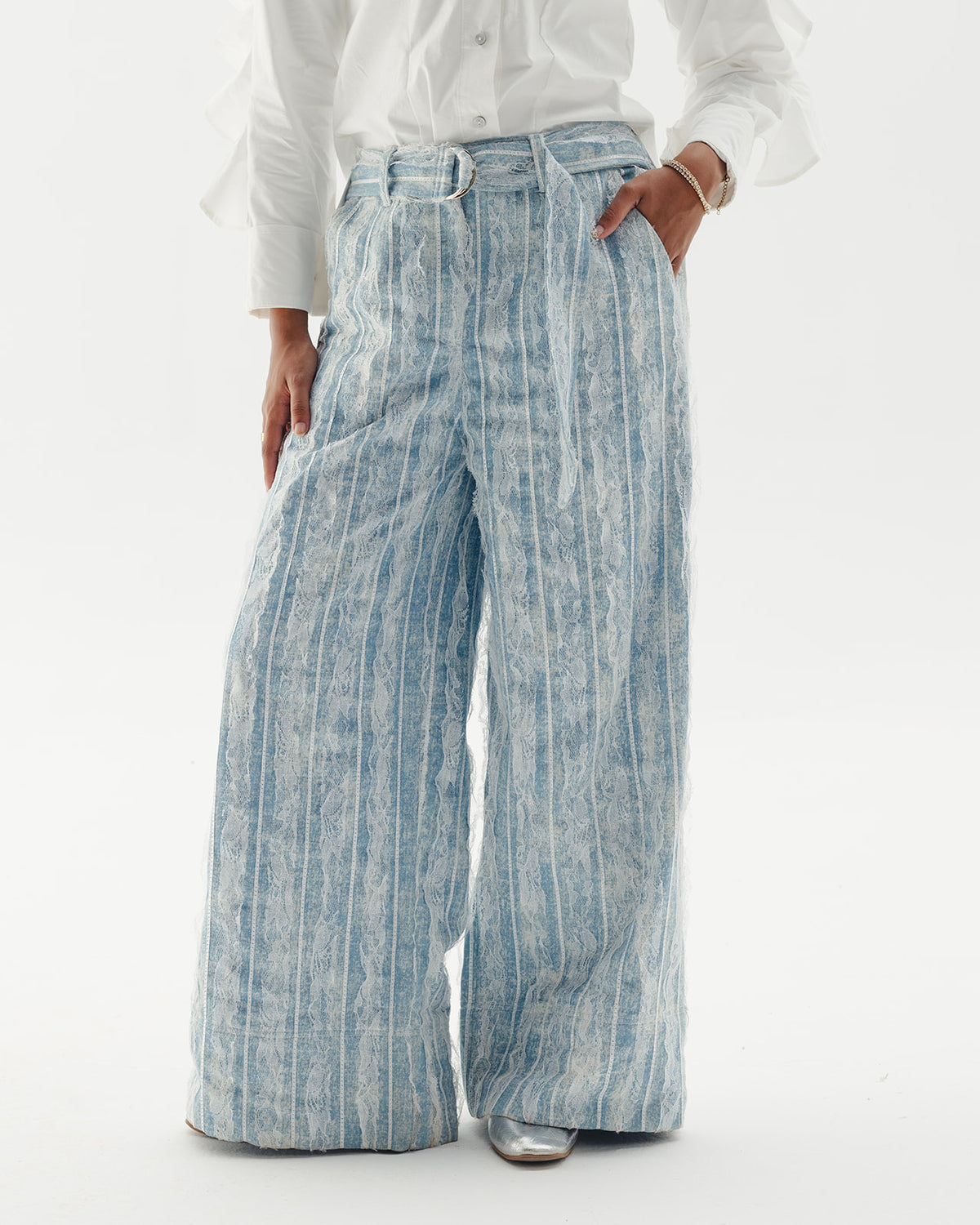 Lace Wide-leg Belted Denim Pants