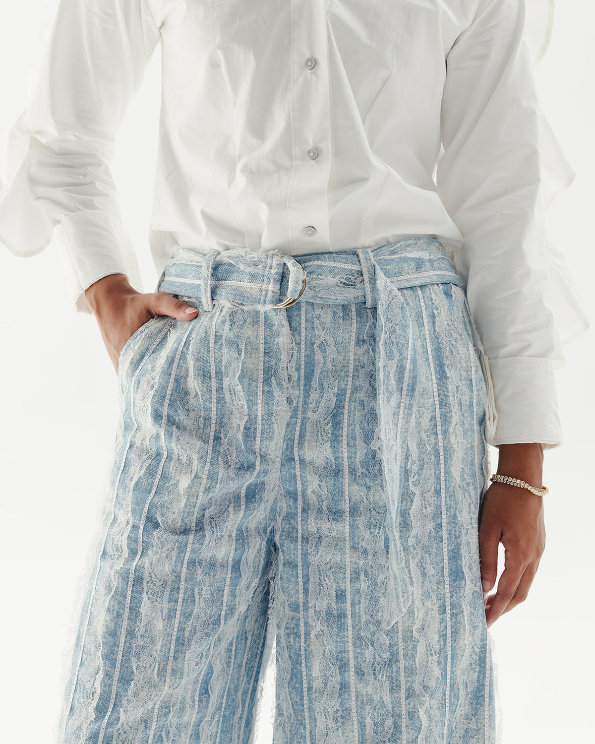Lace Wide-leg Belted Denim Pants