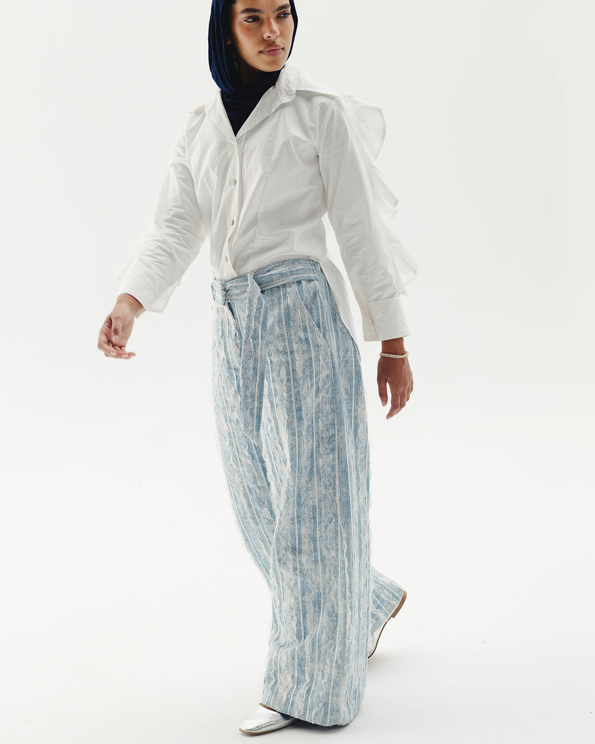 Lace Wide-leg Belted Denim Pants