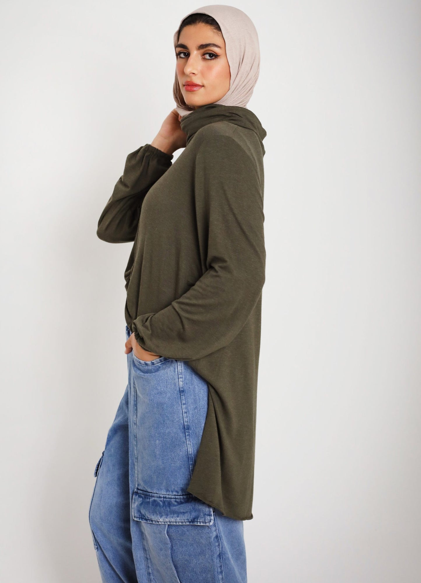 Wrap drapee top in Olive