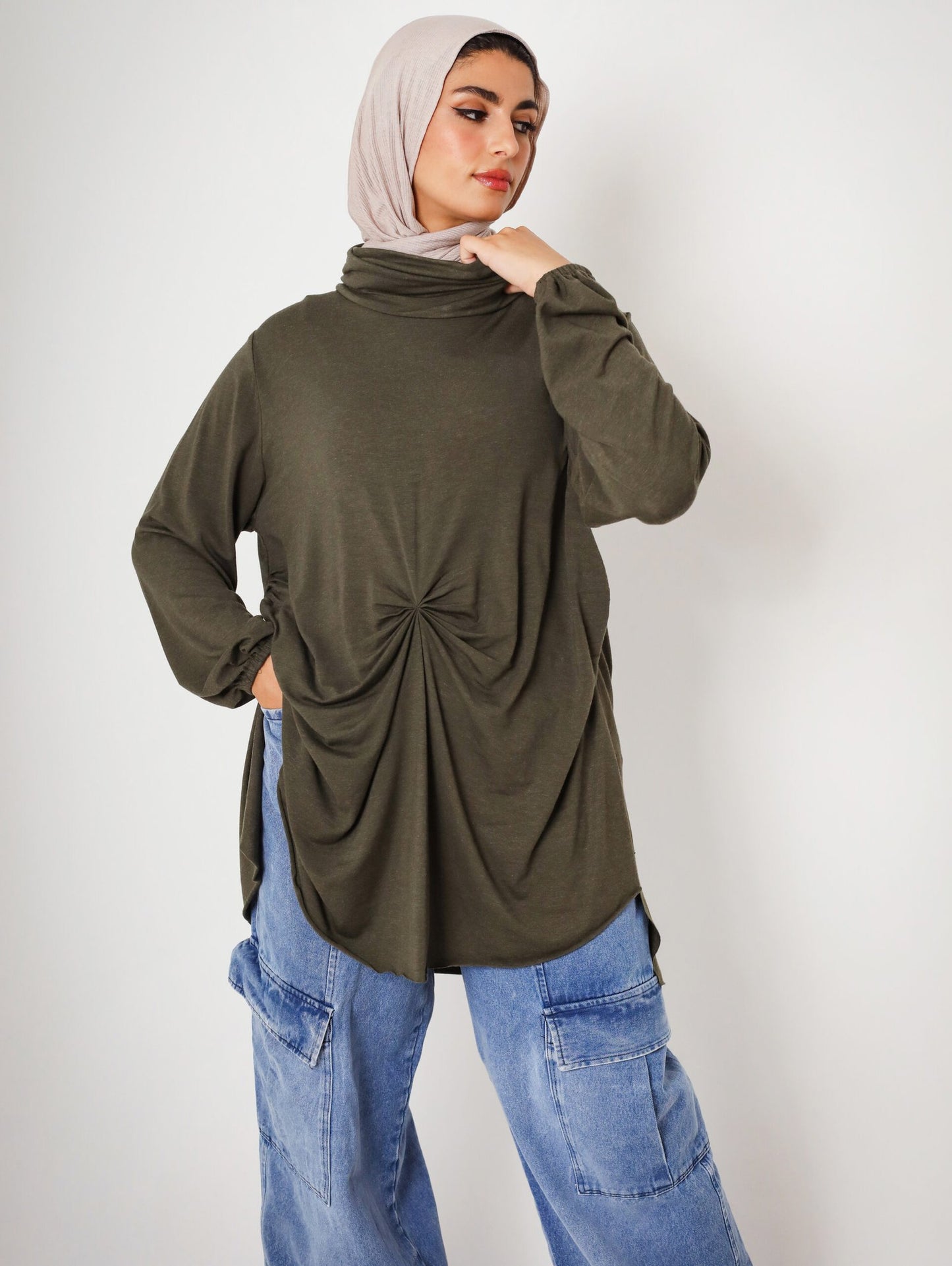 Wrap drapee top in Olive