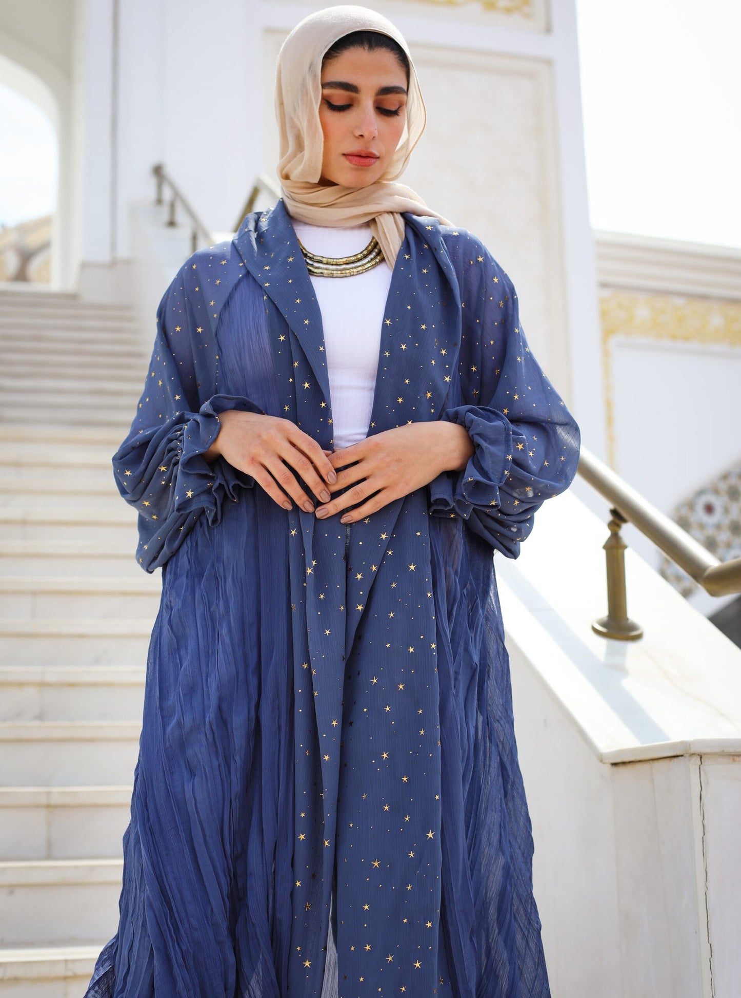 Puff Sleeves Crushed Kaftan in Blue