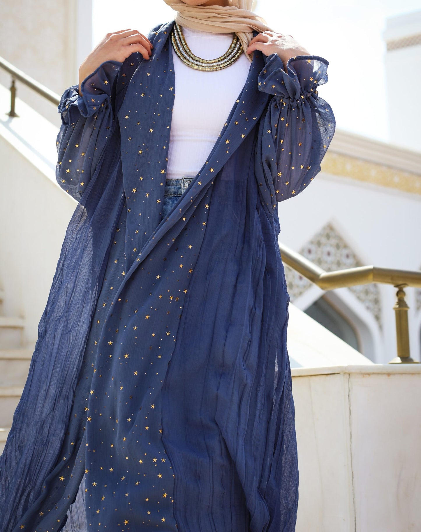 Puff Sleeves Crushed Kaftan in Blue