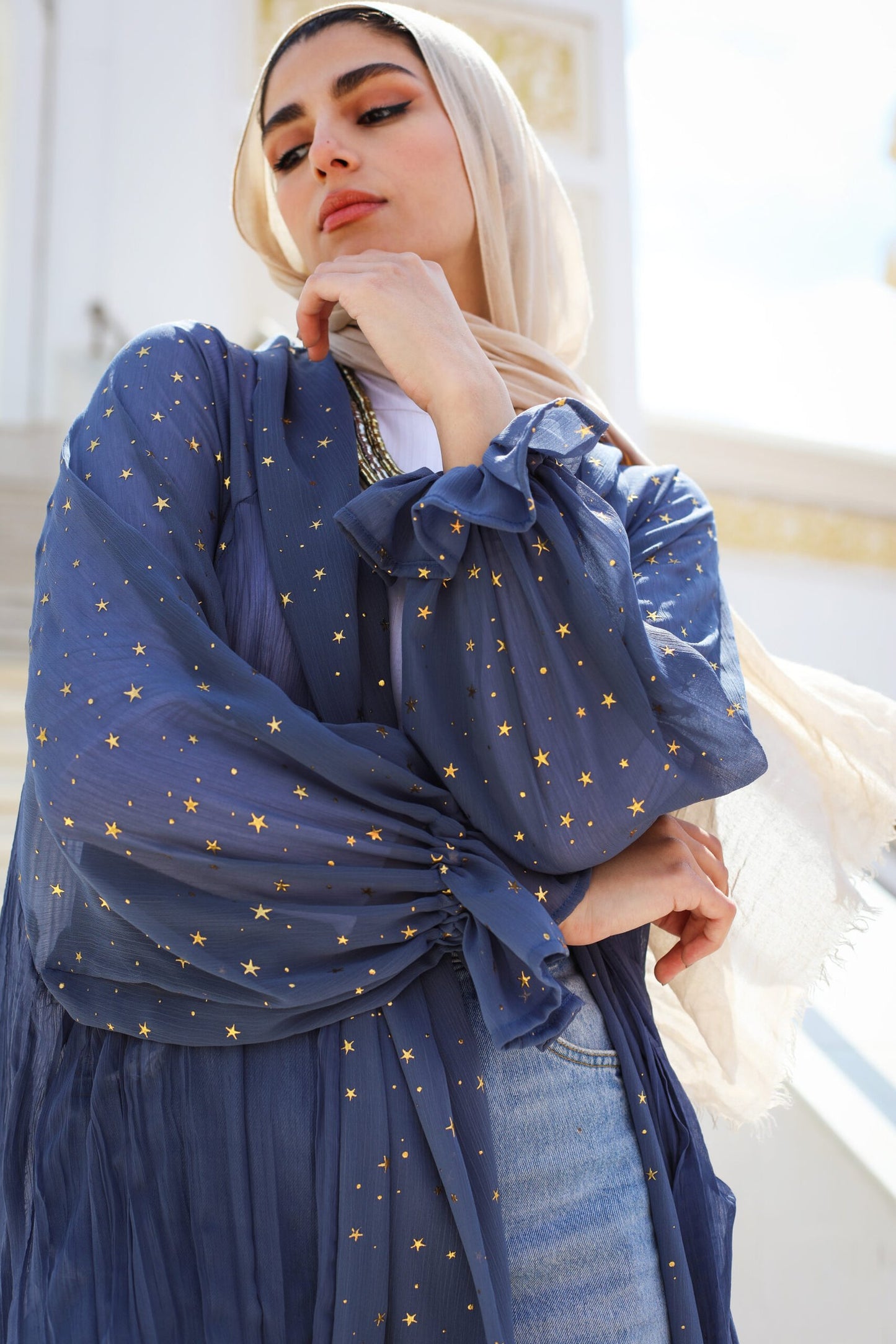 Puff Sleeves Crushed Kaftan in Blue