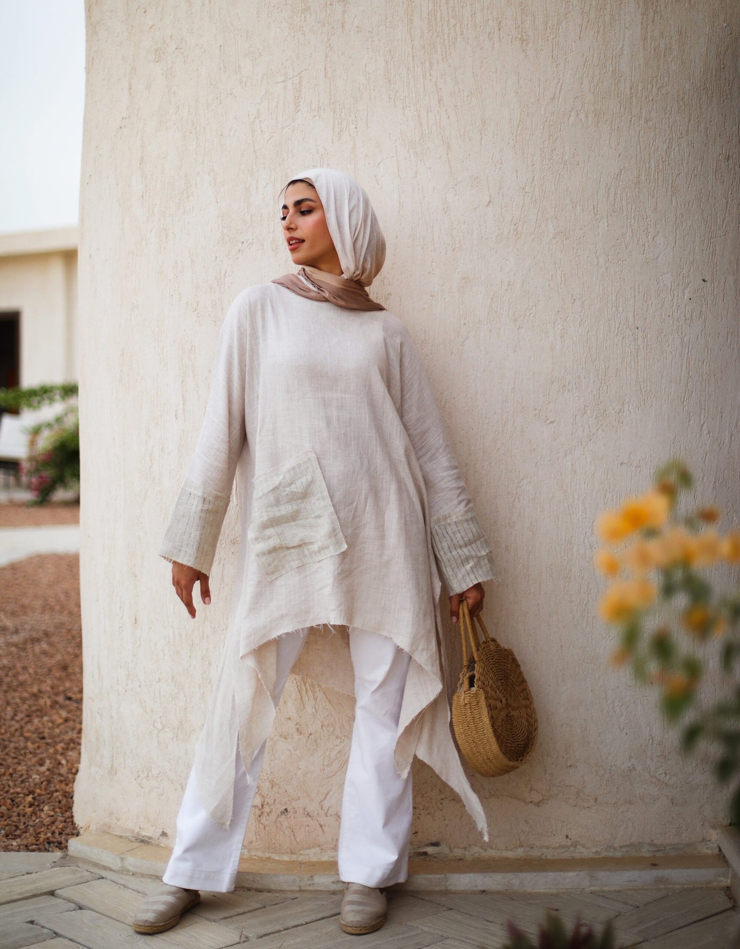 Patchwork Linen Asymmetrical Top in Beige