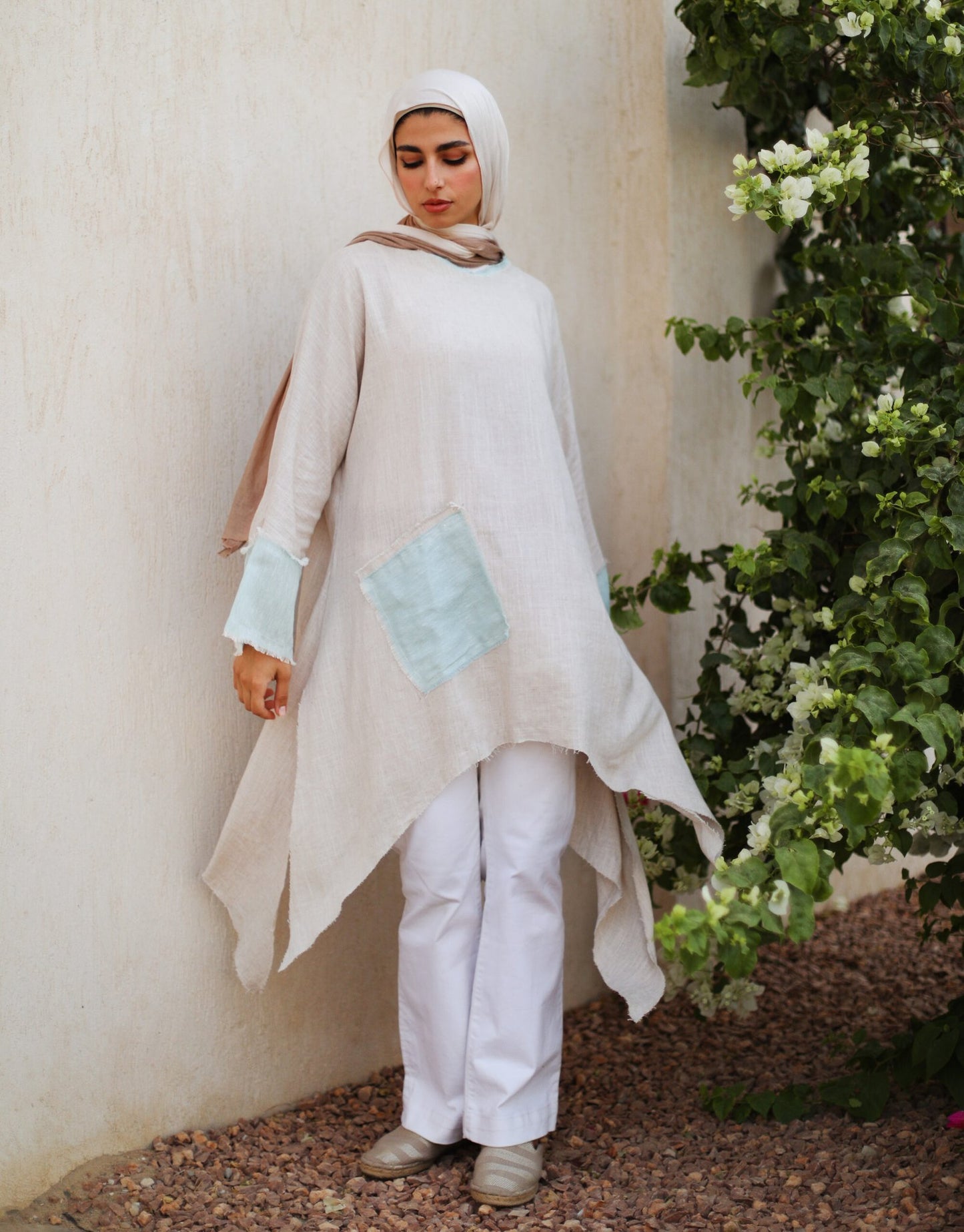 Patchwork Linen Asymmetrical Top in Mint