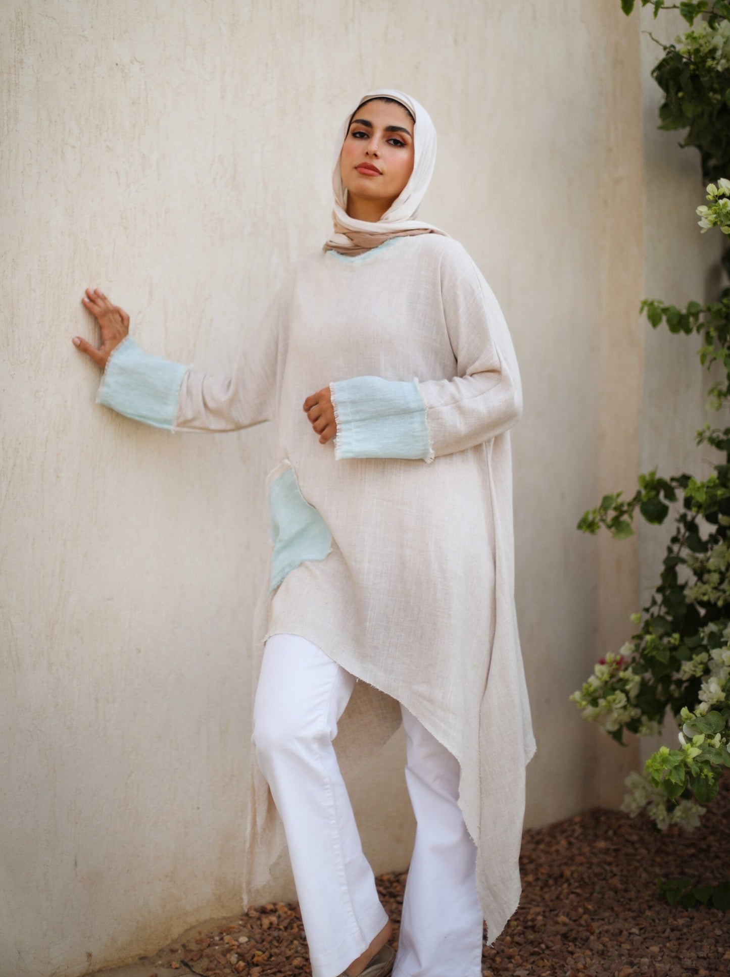 Patchwork Linen Asymmetrical Top in Mint