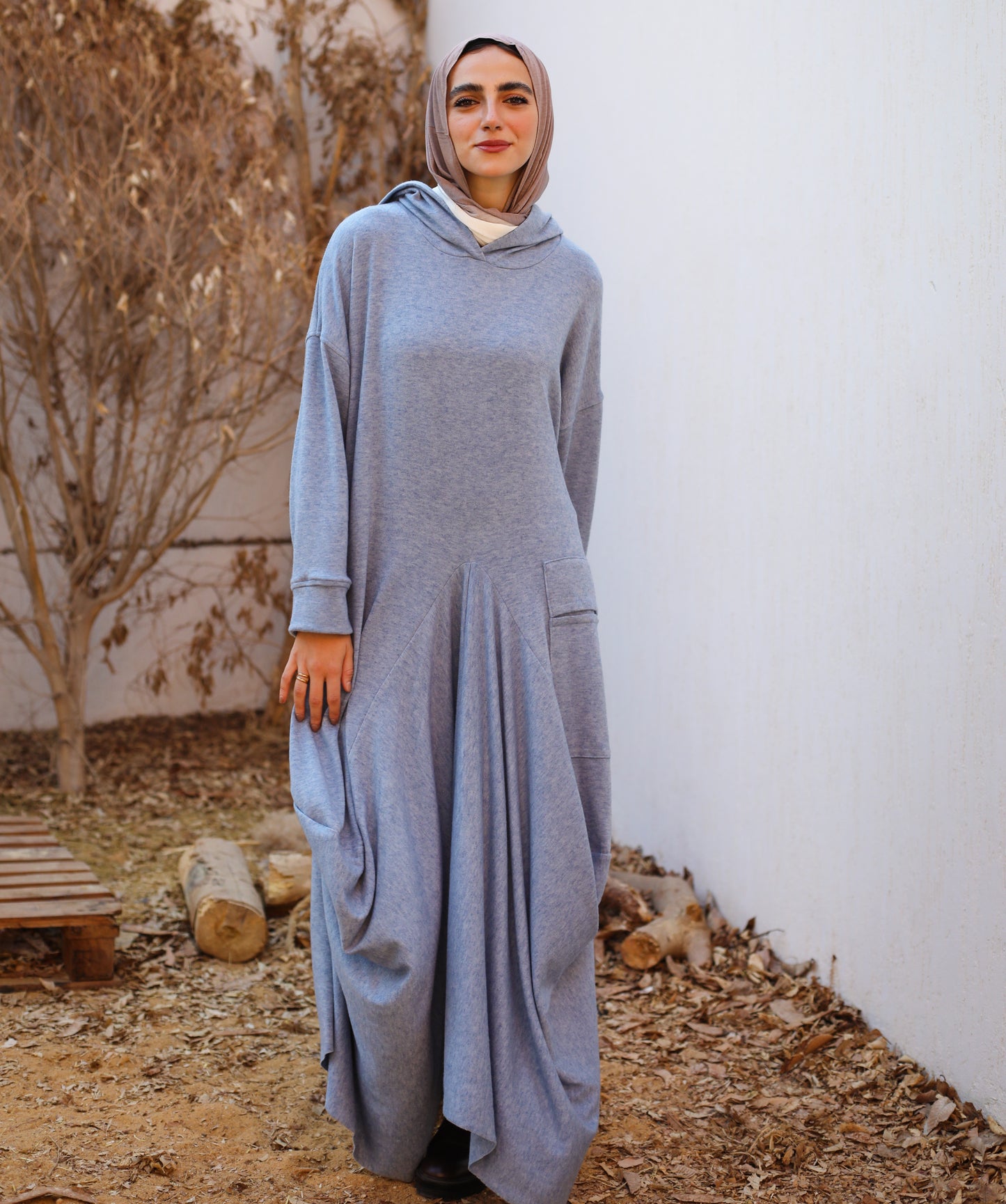 Hoodie Wool Dress in blue