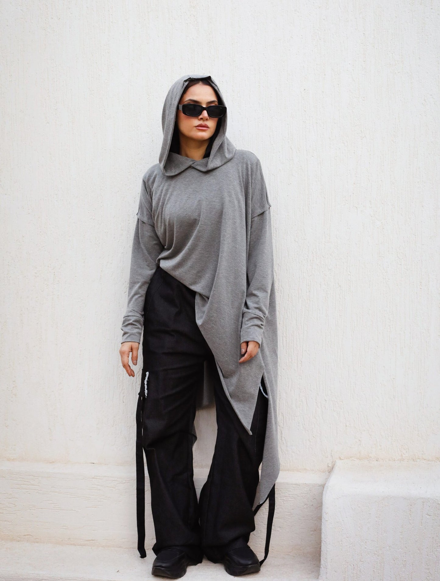 Asymmetrical hoodie top in grey