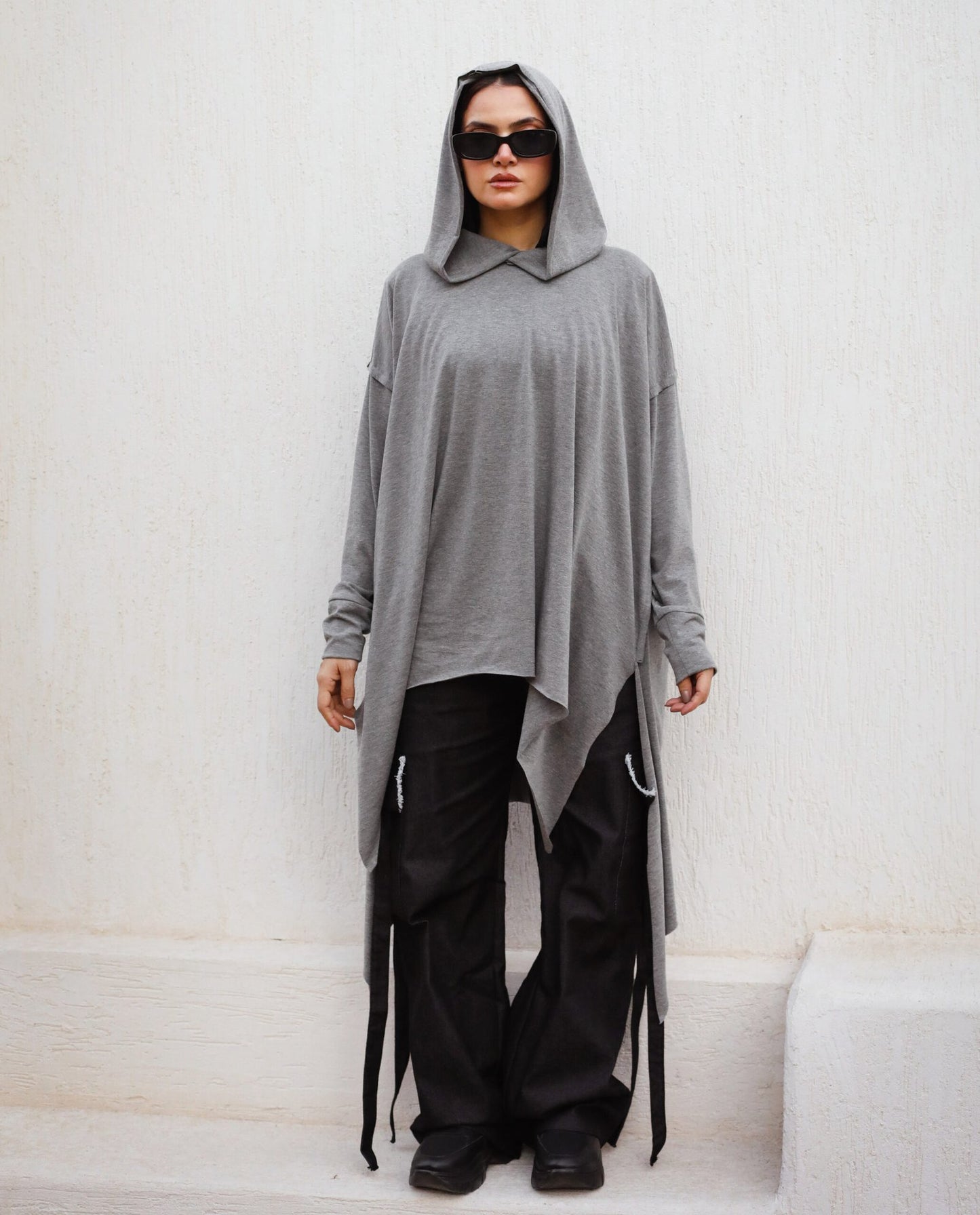 Asymmetrical hoodie top in grey