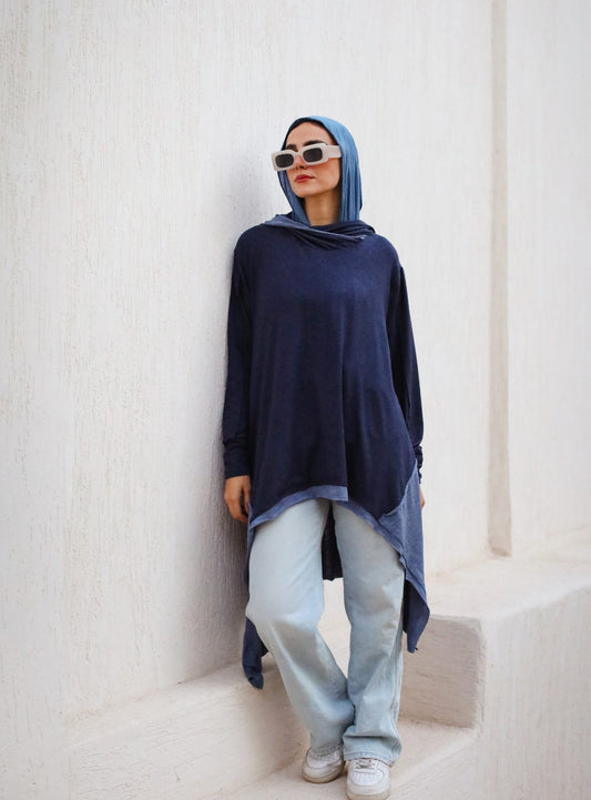 Bicolor Asymmetrical Top Navy x blue jeans