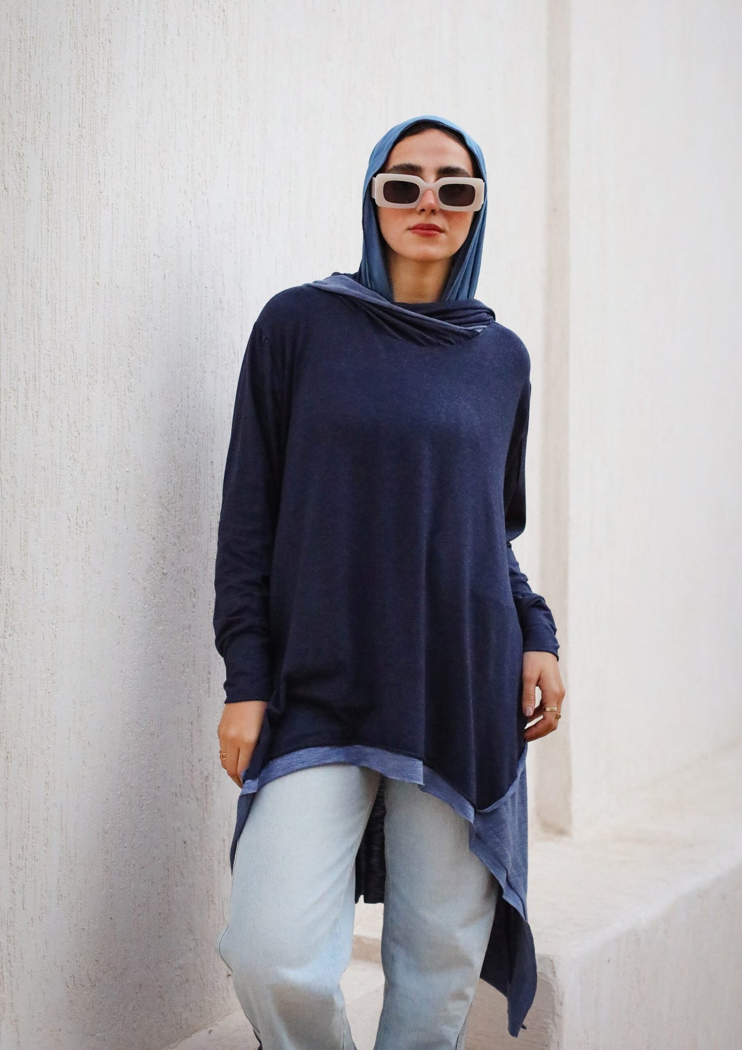 Bicolor Asymmetrical Top Navy x blue jeans