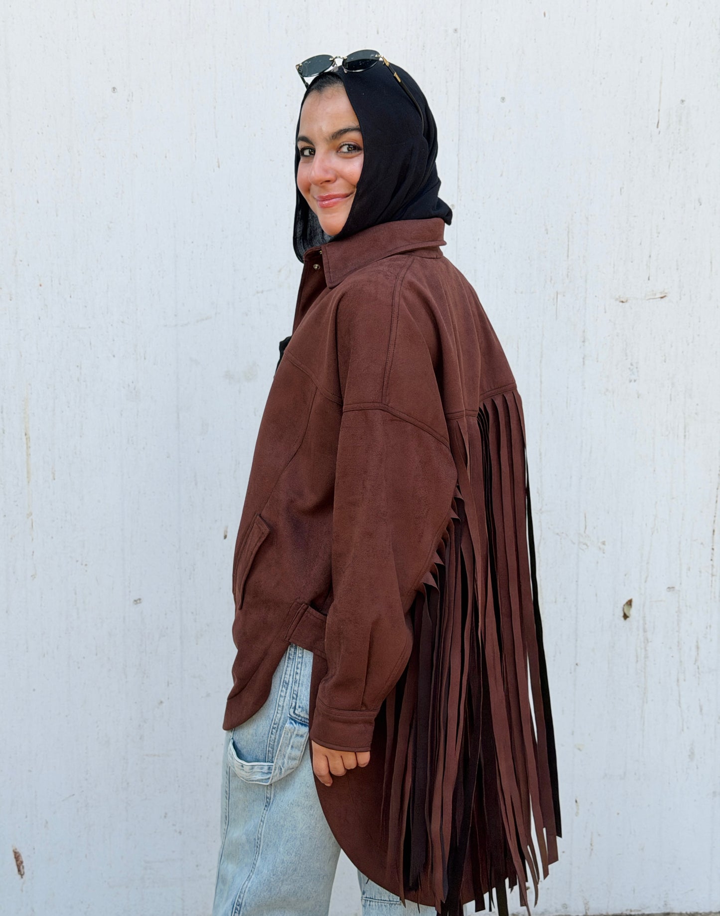 Back Fringes Suede Shirt in Brown
