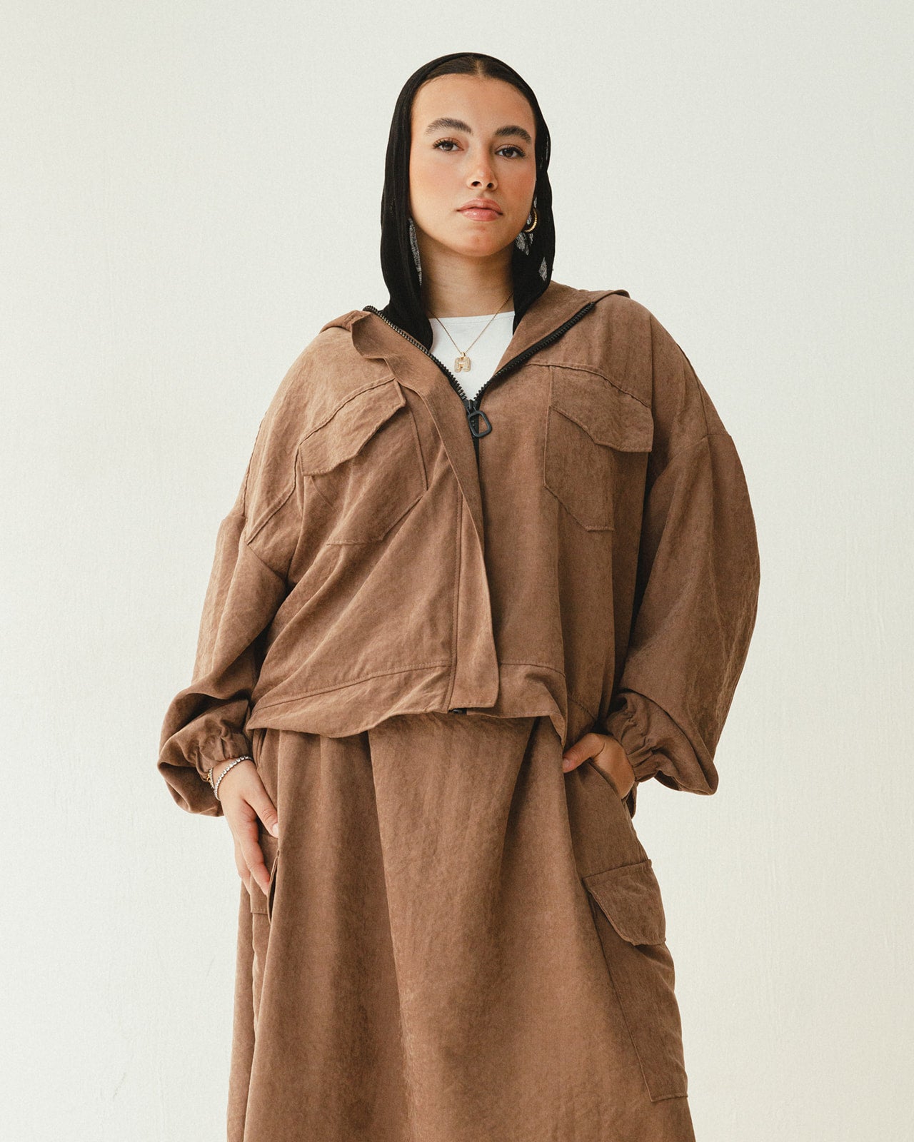 Bomber Jacket Flowy Skirt Set in Brown