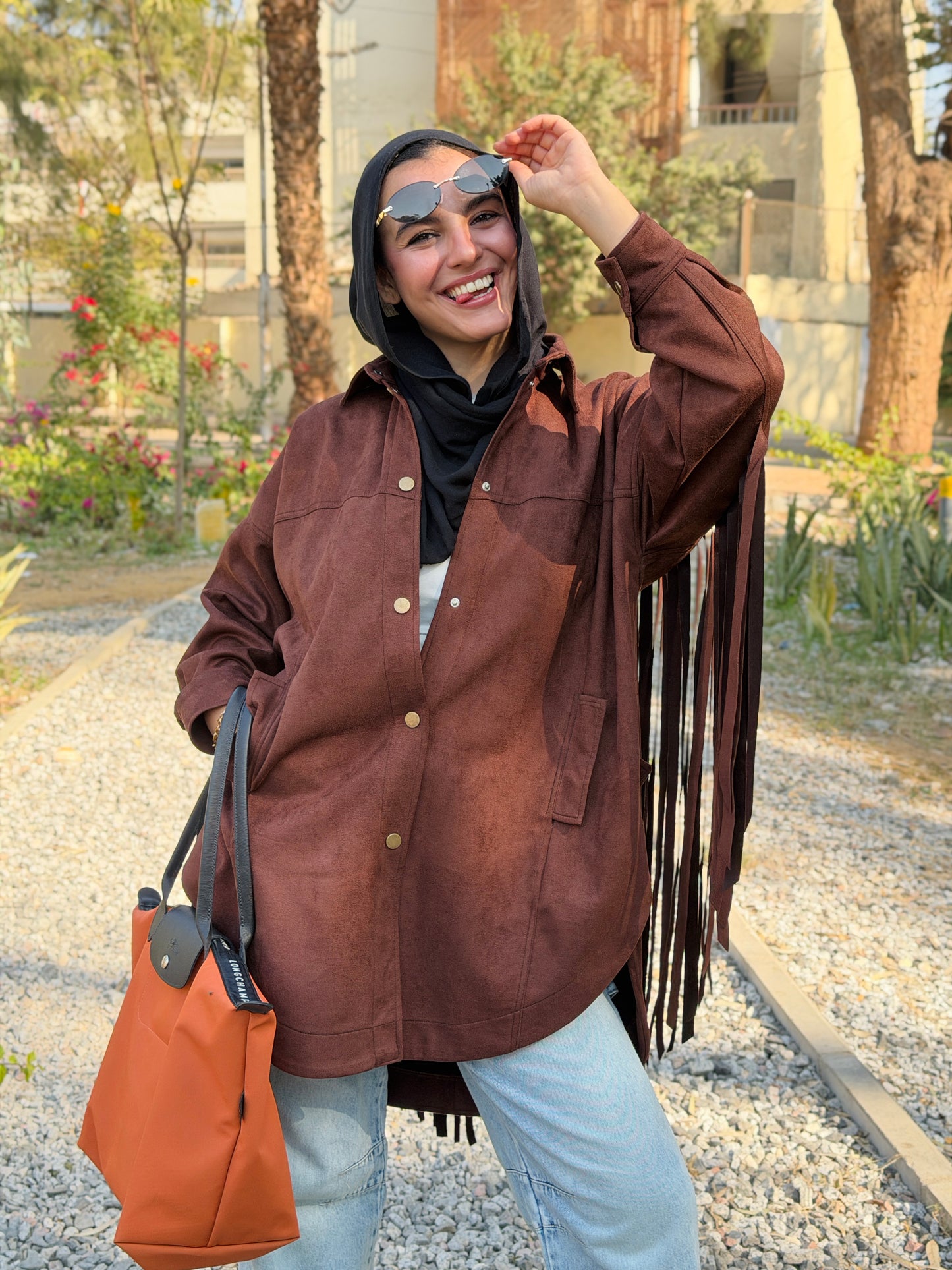 Back Fringes Suede Shirt in Brown