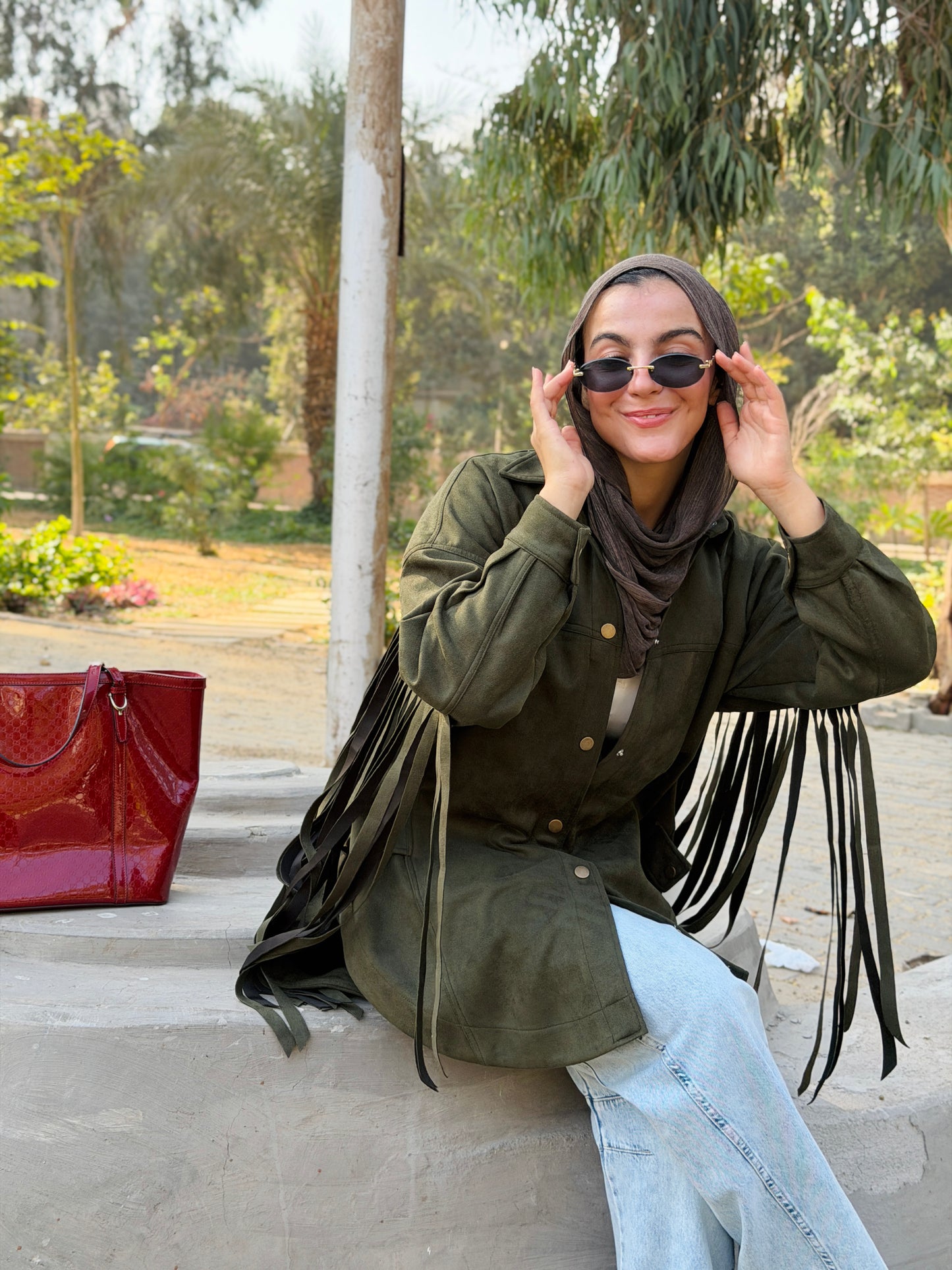 Back Fringes Suede Shirt in Olive