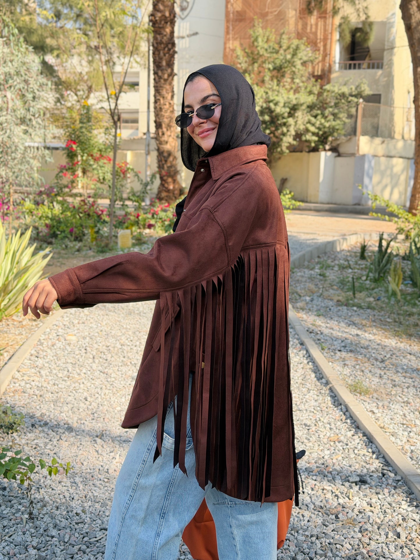 Back Fringes Suede Shirt in Brown