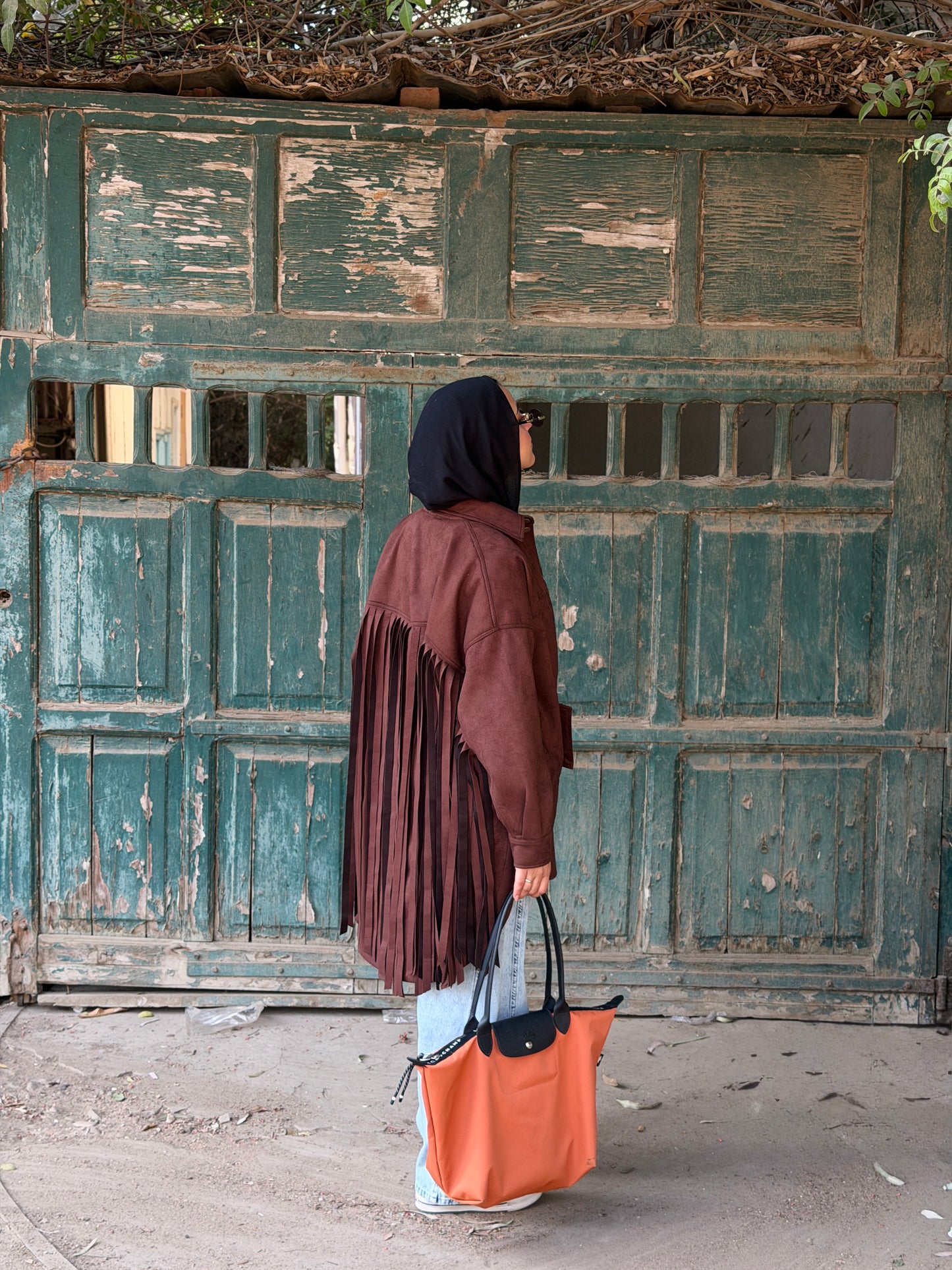Back Fringes Suede Shirt in Brown