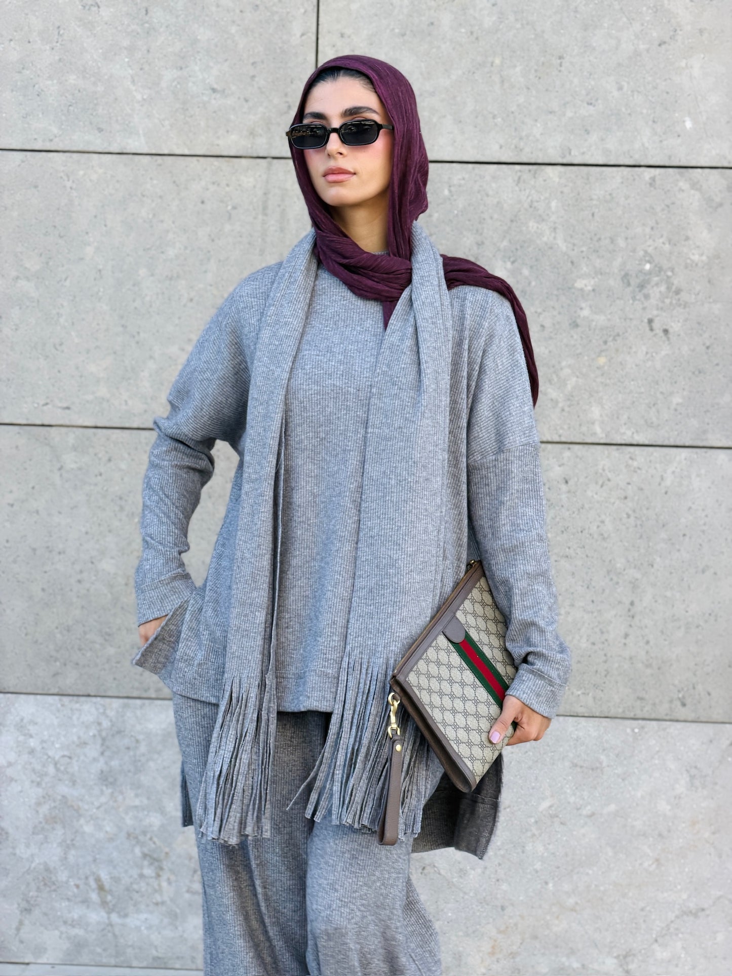 Cozy Fringes Scarf Knit Set in Grey