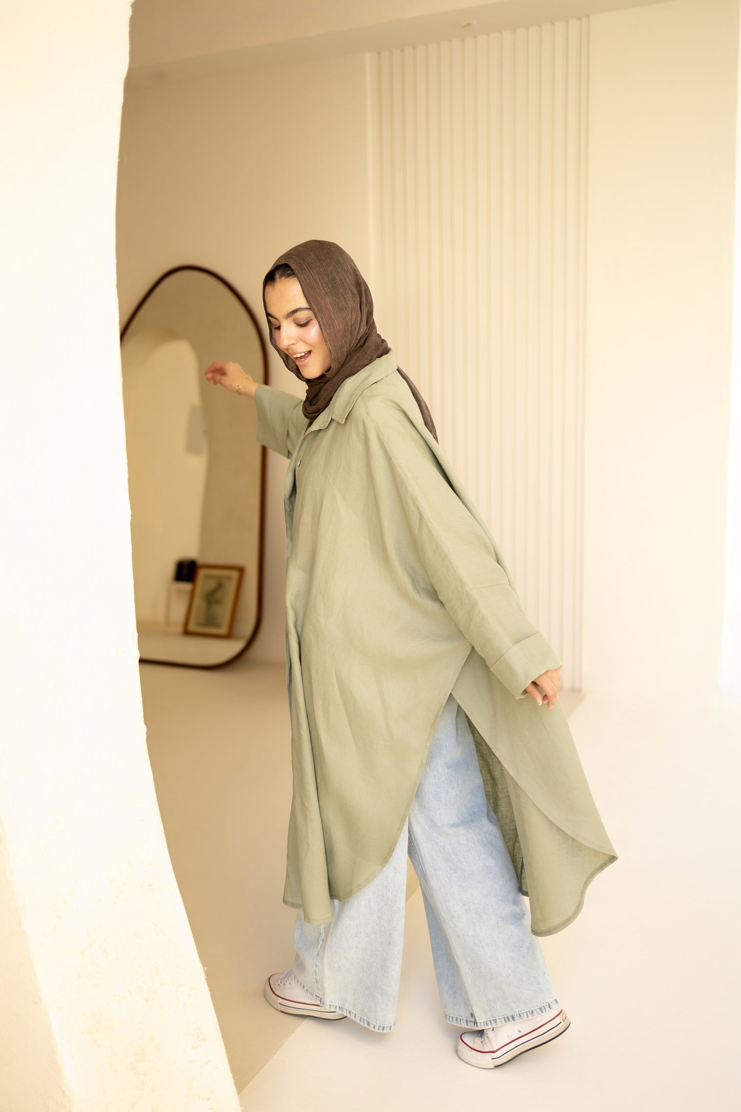 Flowy Oversized Linen Shirt in Olive