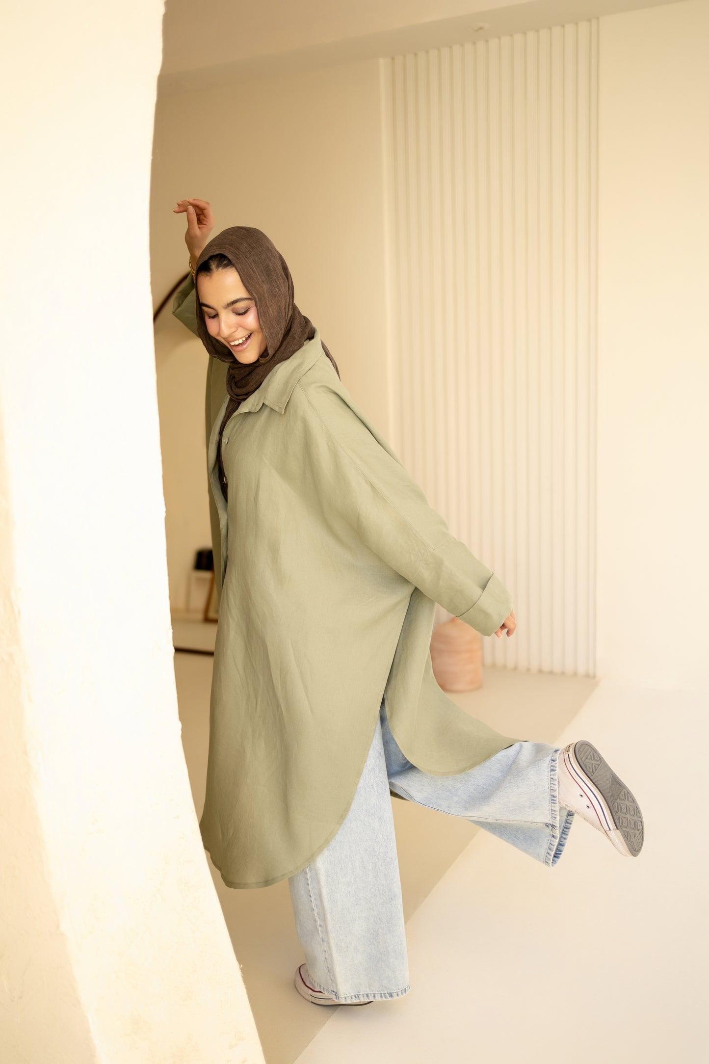 Flowy Oversized Linen Shirt in Olive