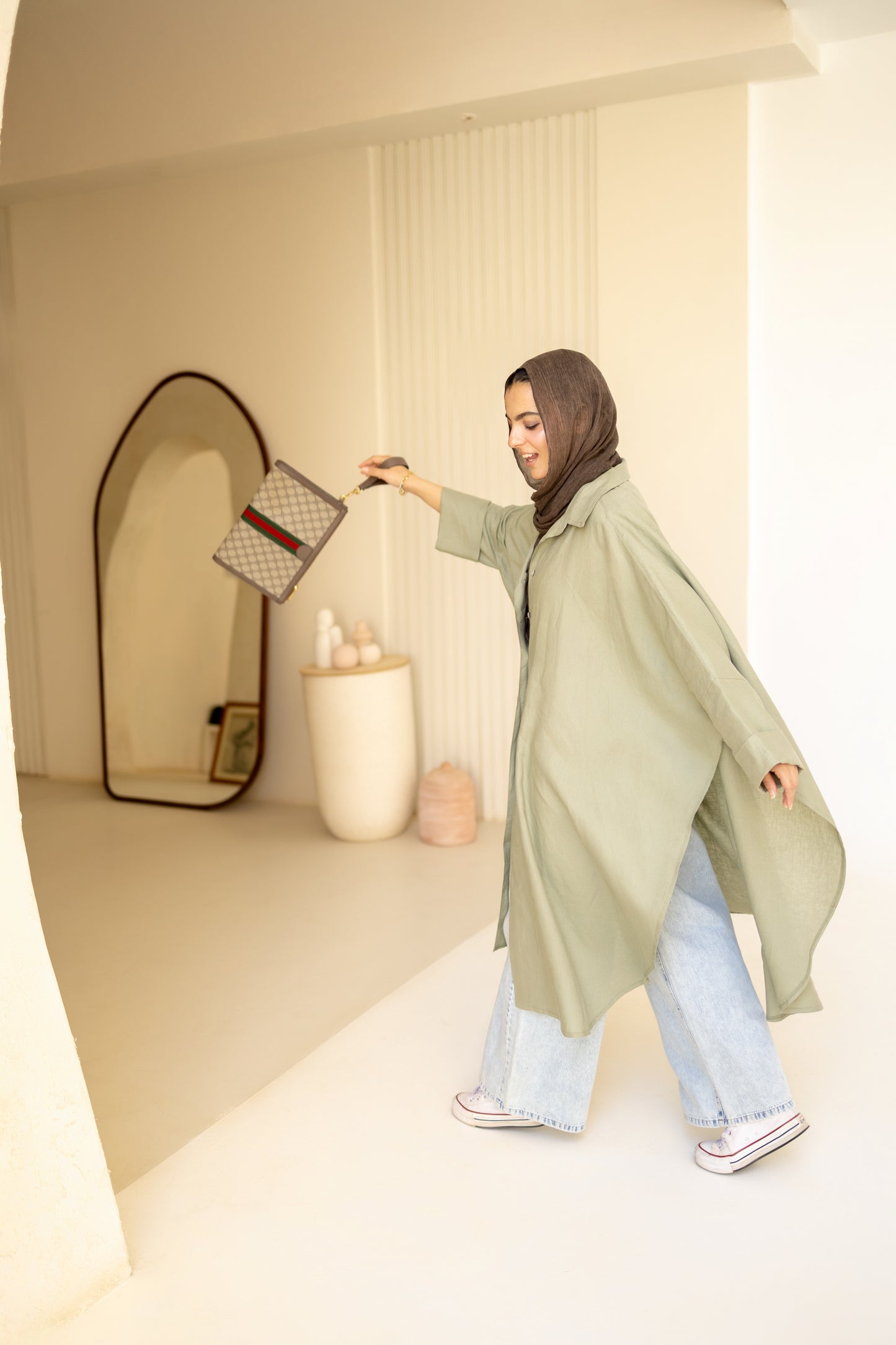 Flowy Oversized Linen Shirt in Olive