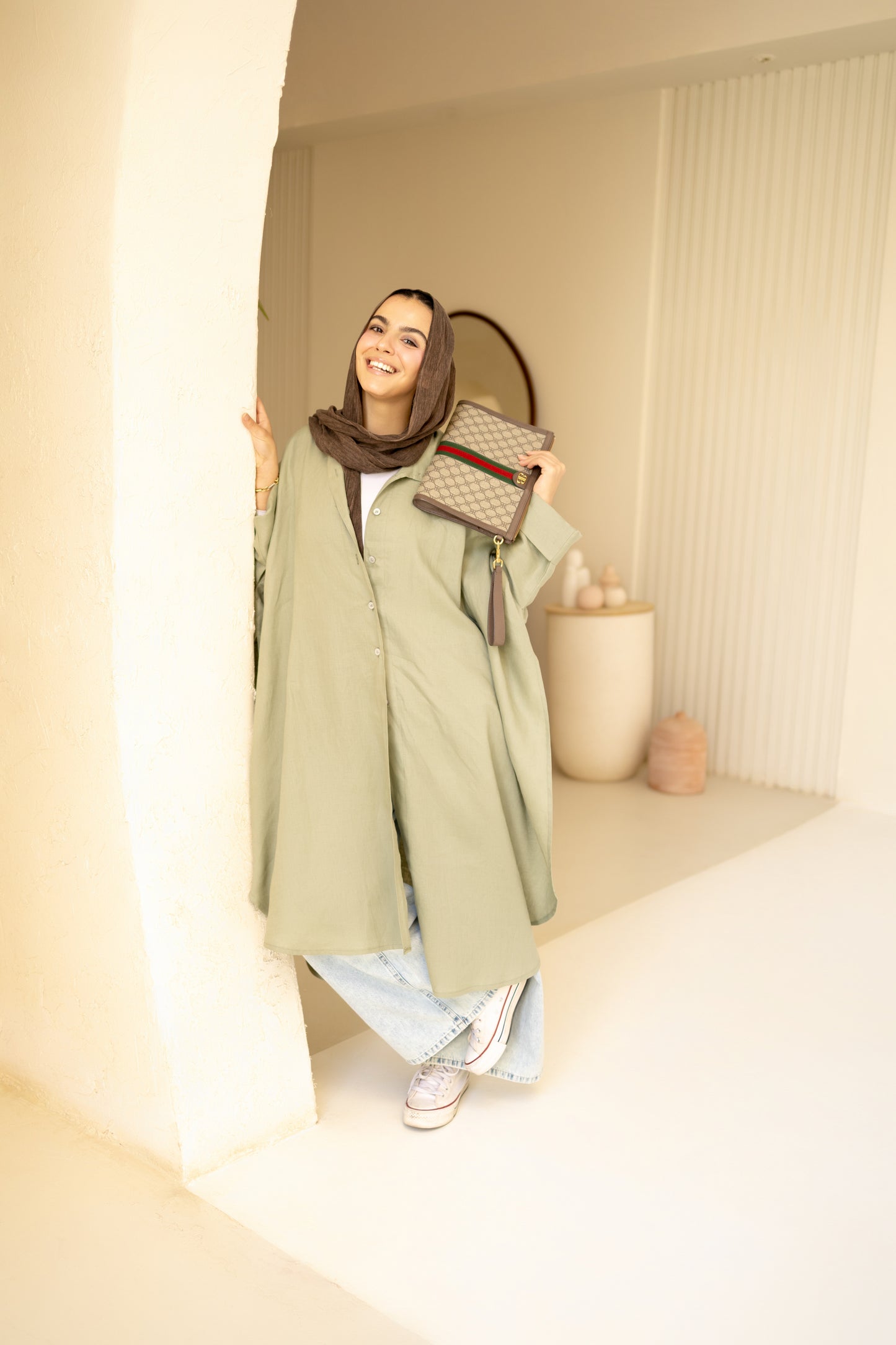 Flowy Oversized Linen Shirt in Olive