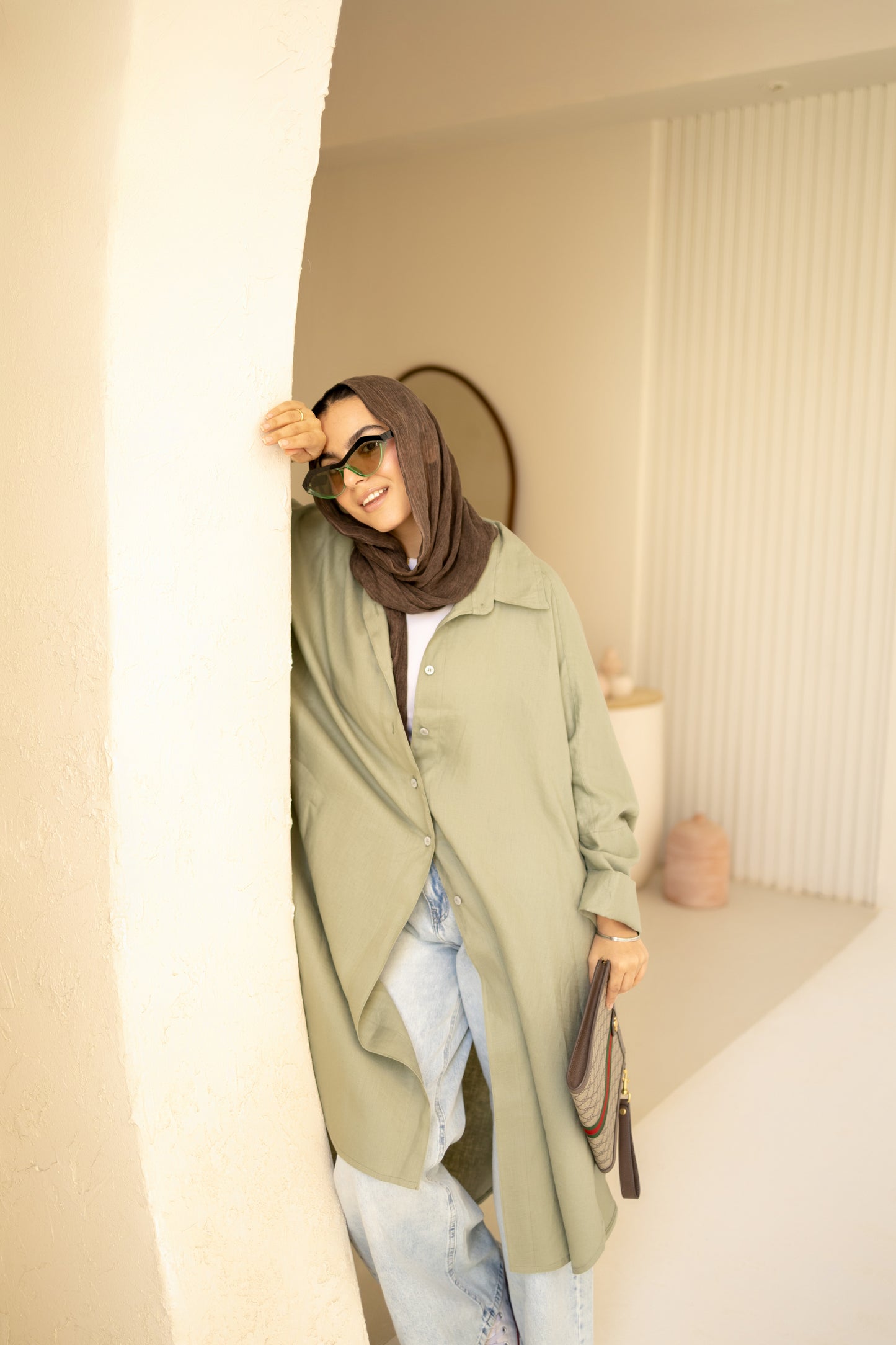 Flowy Oversized Linen Shirt in Olive