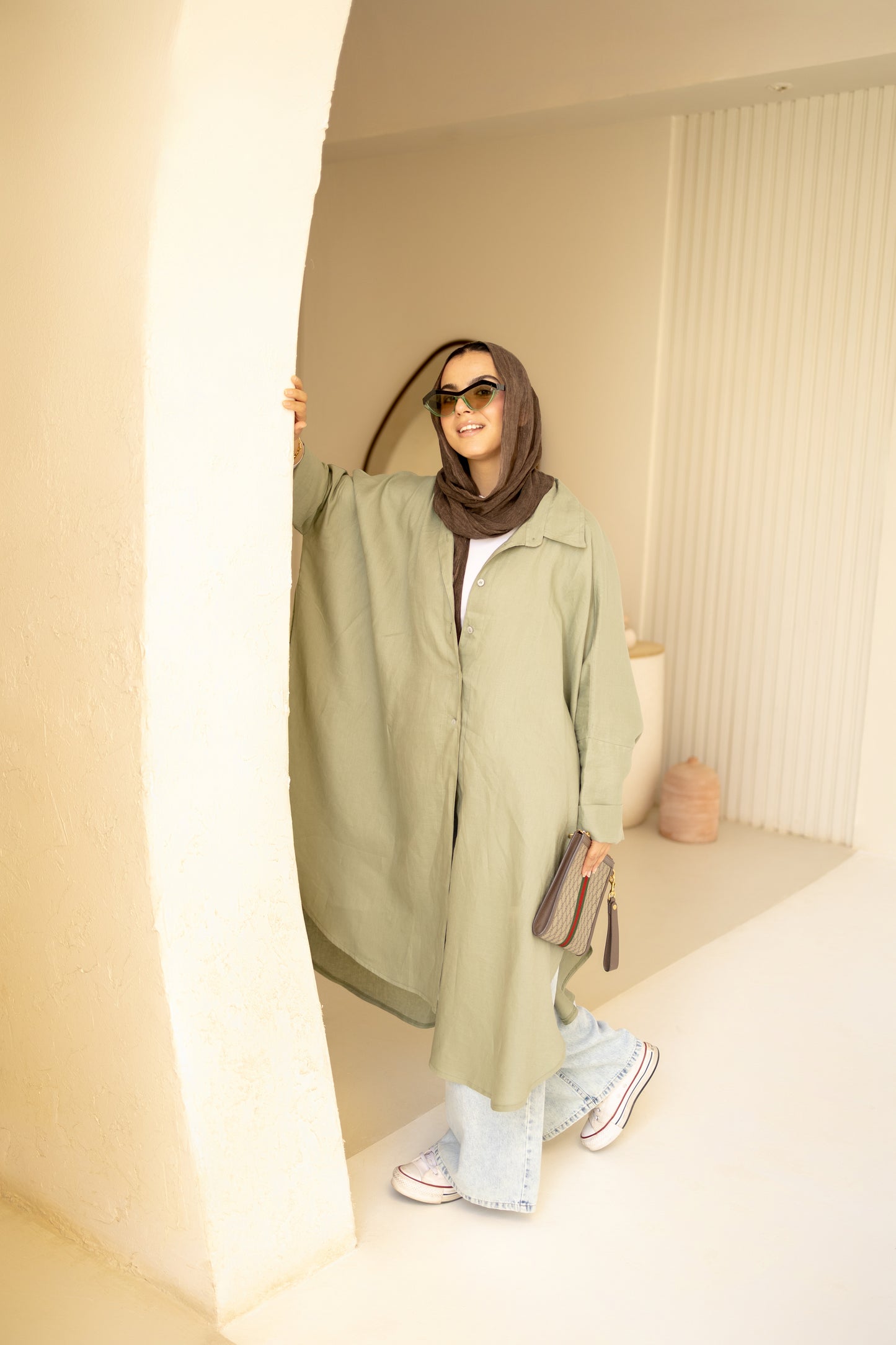 Flowy Oversized Linen Shirt in Olive