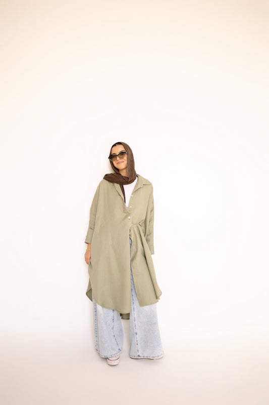 Flowy Oversized Linen Shirt in Olive