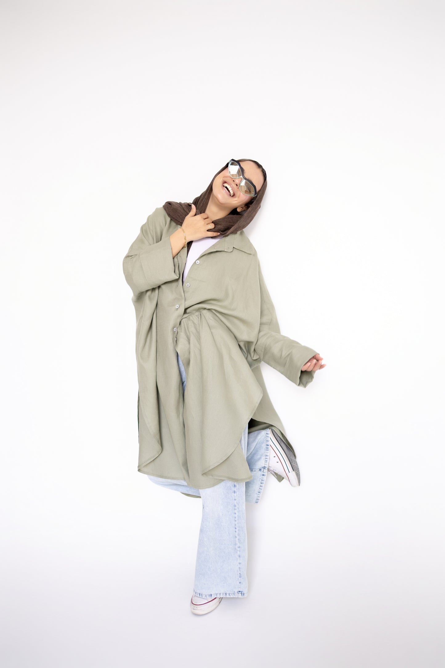 Flowy Oversized Linen Shirt in Olive