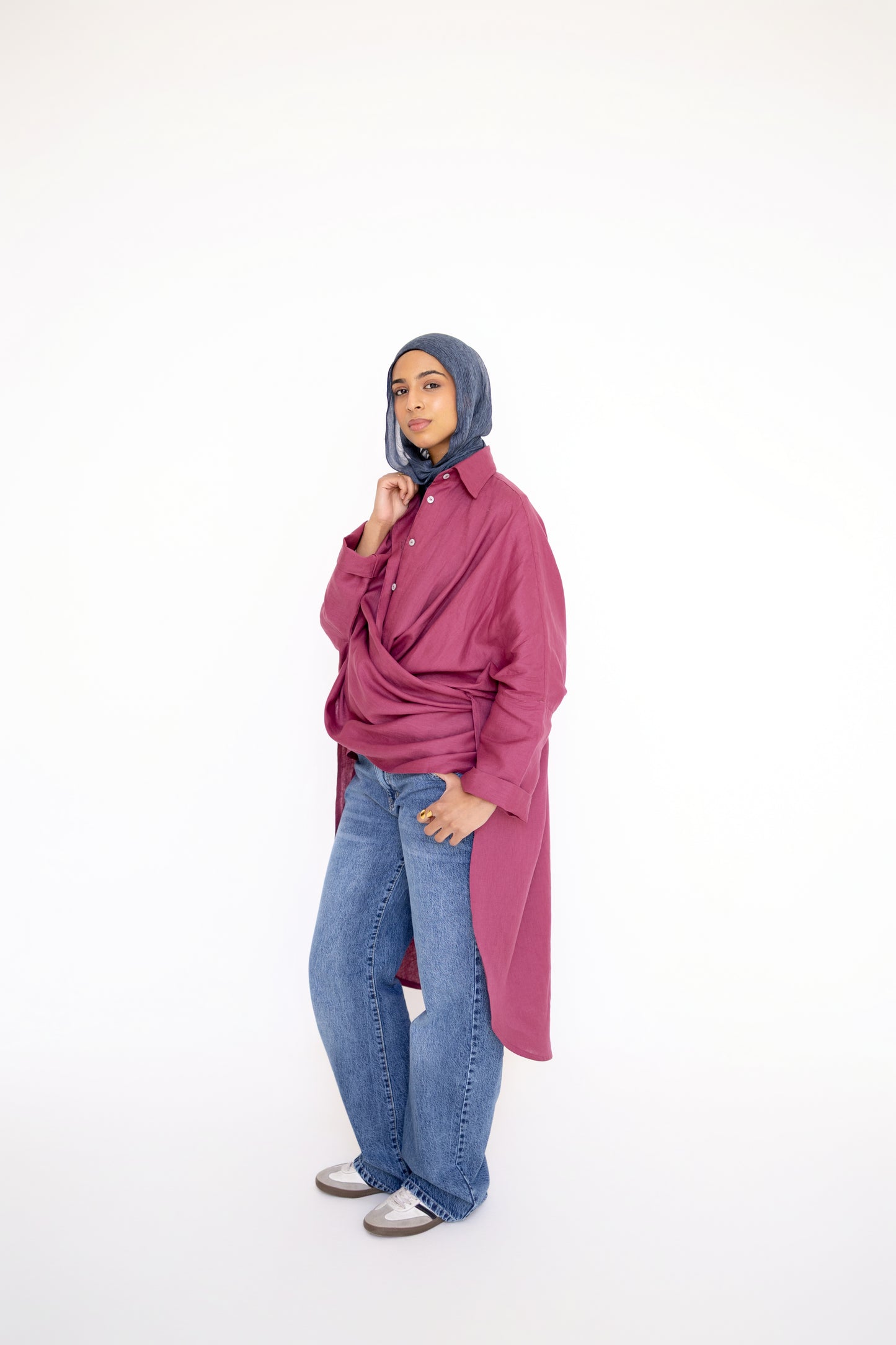 Flowy Oversized Linen Shirt in Berry