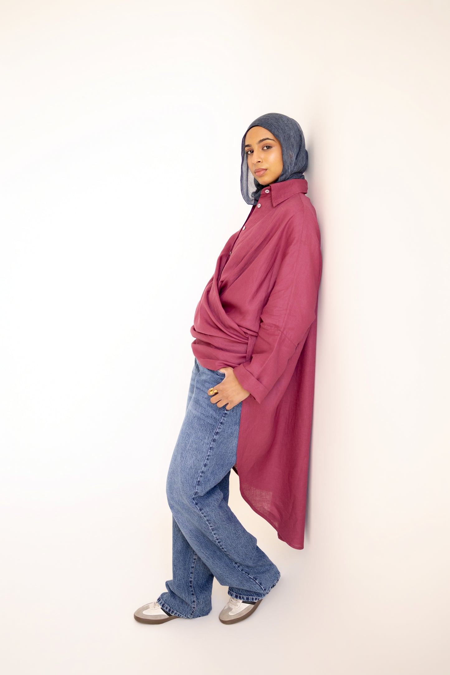 Flowy Oversized Linen Shirt in Berry