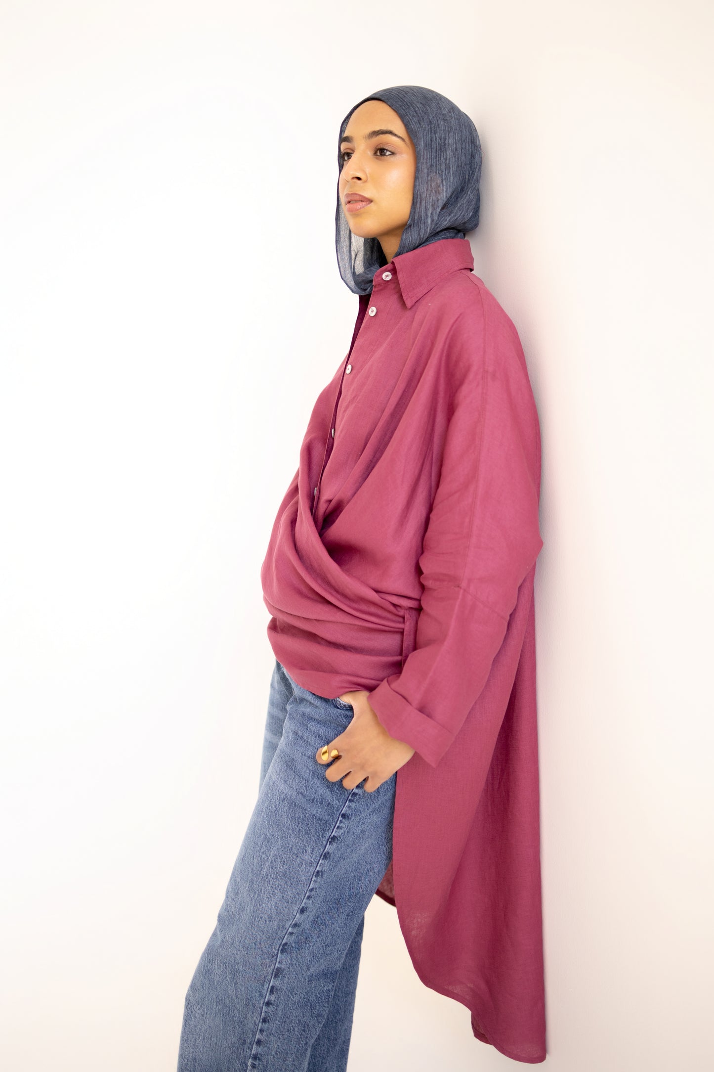 Flowy Oversized Linen Shirt in Berry