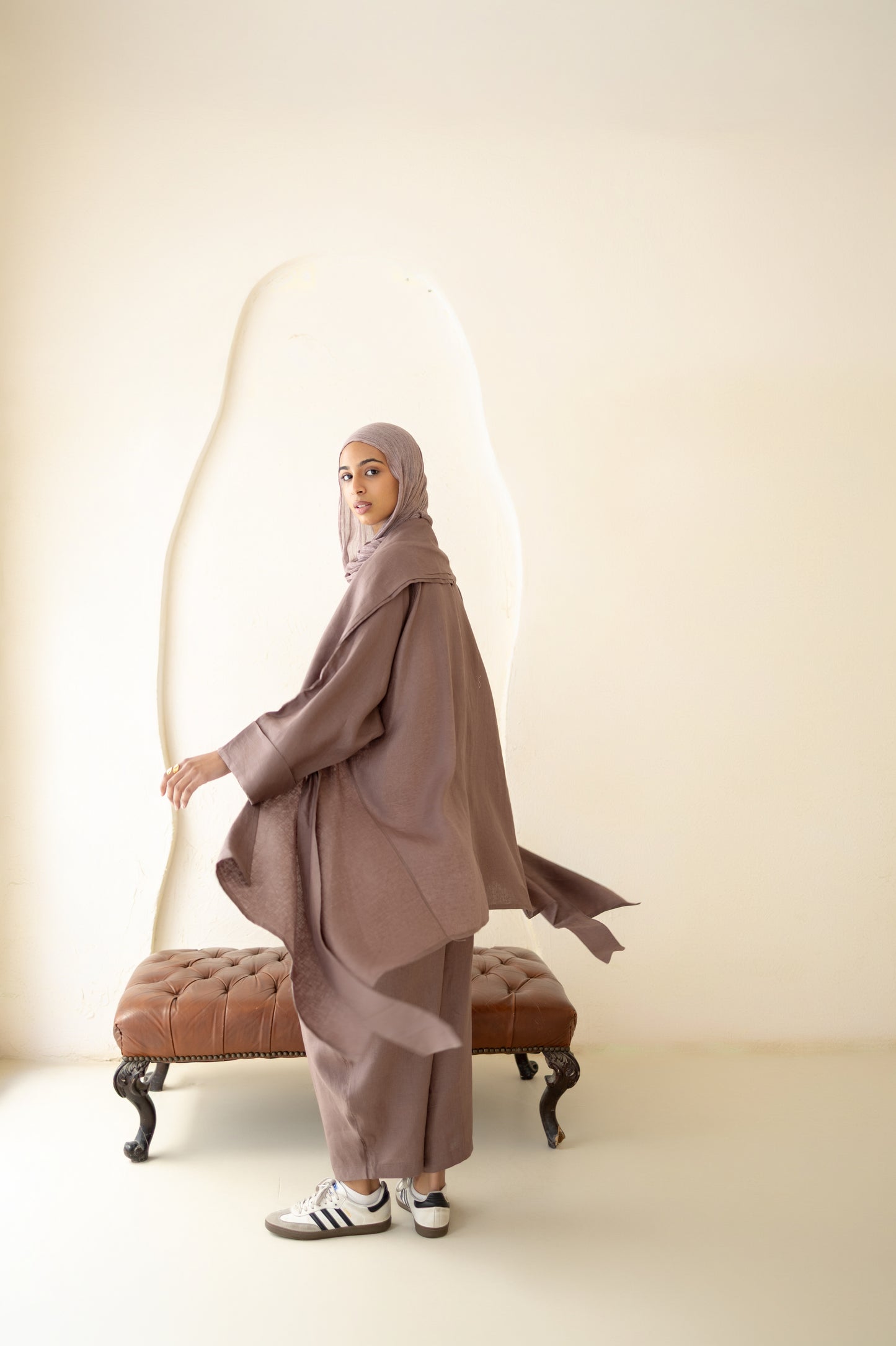 Asymmetrical belt Linen Cardigan in Chocolate