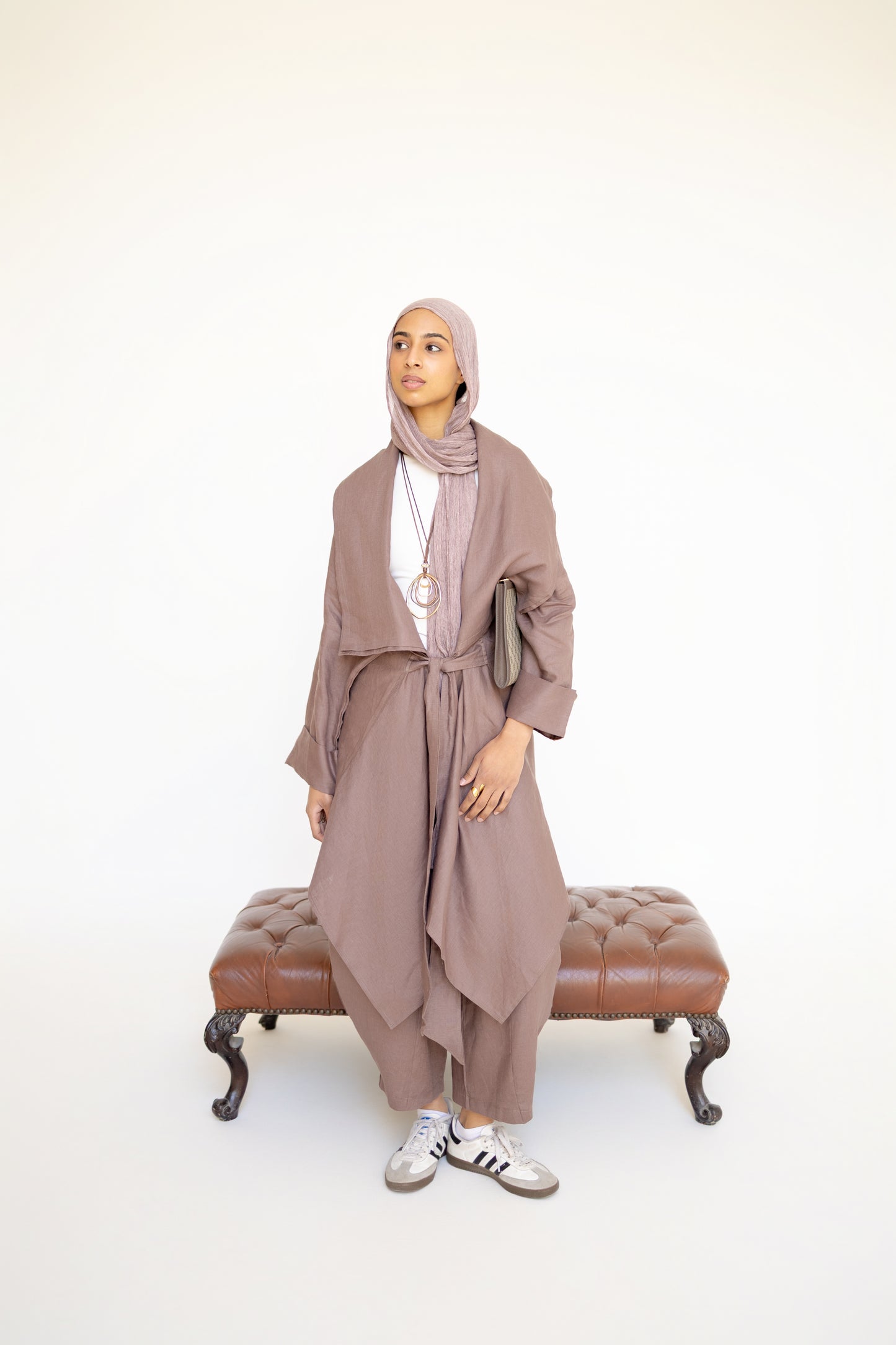 Asymmetrical belt Linen Cardigan in Chocolate