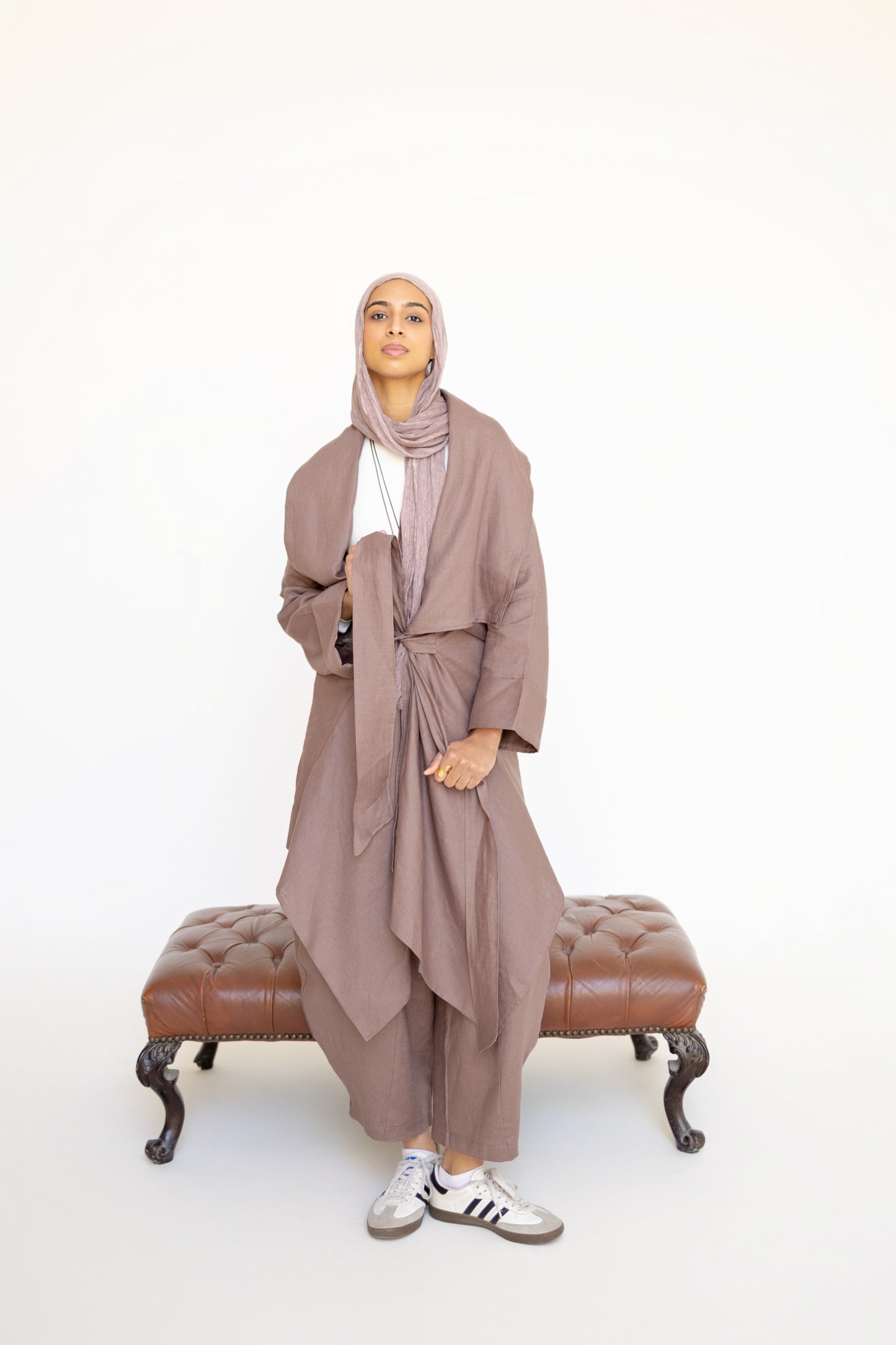 Asymmetrical belt Linen Cardigan in Chocolate