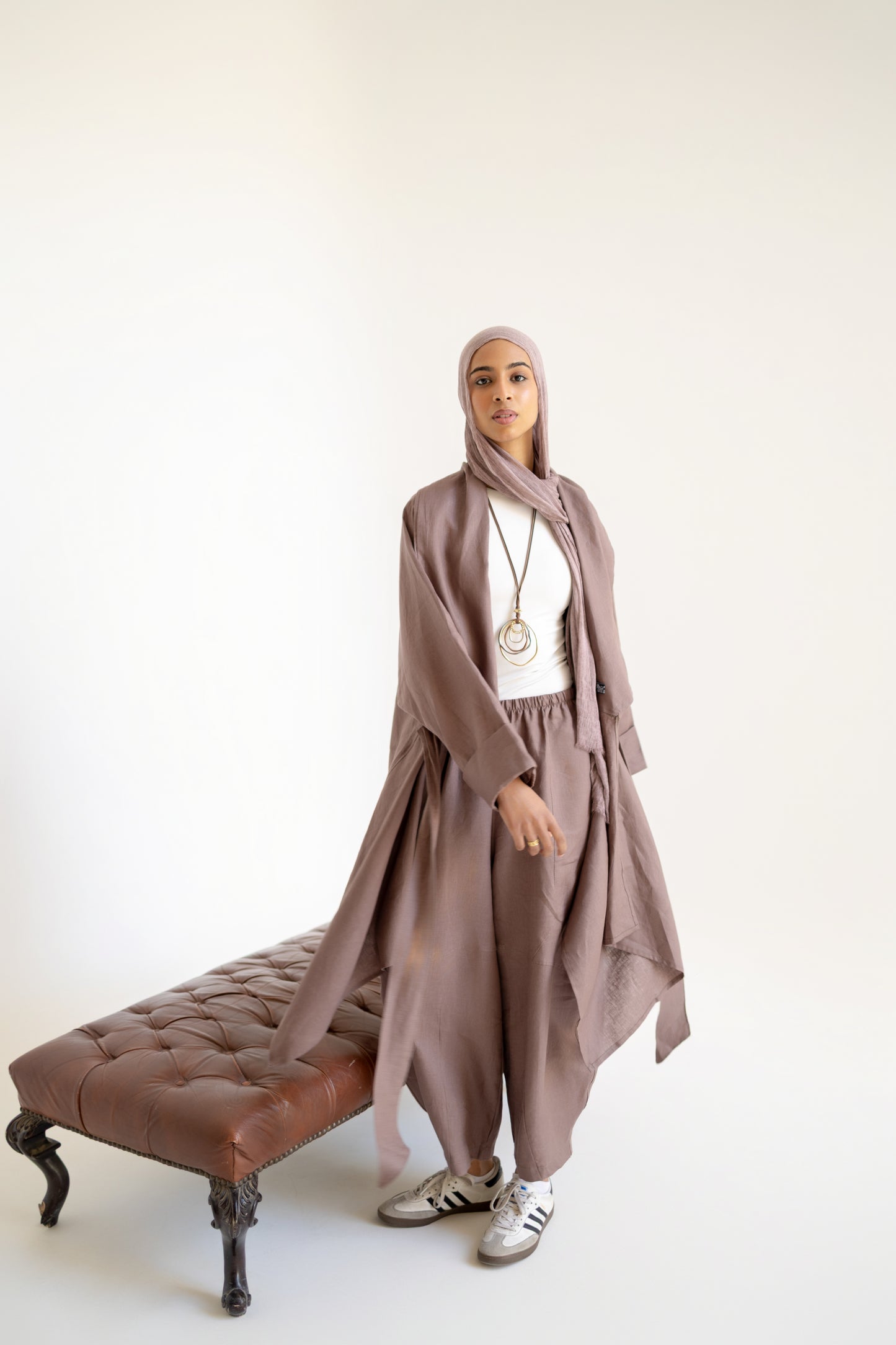 Asymmetrical belt Linen Cardigan in Chocolate