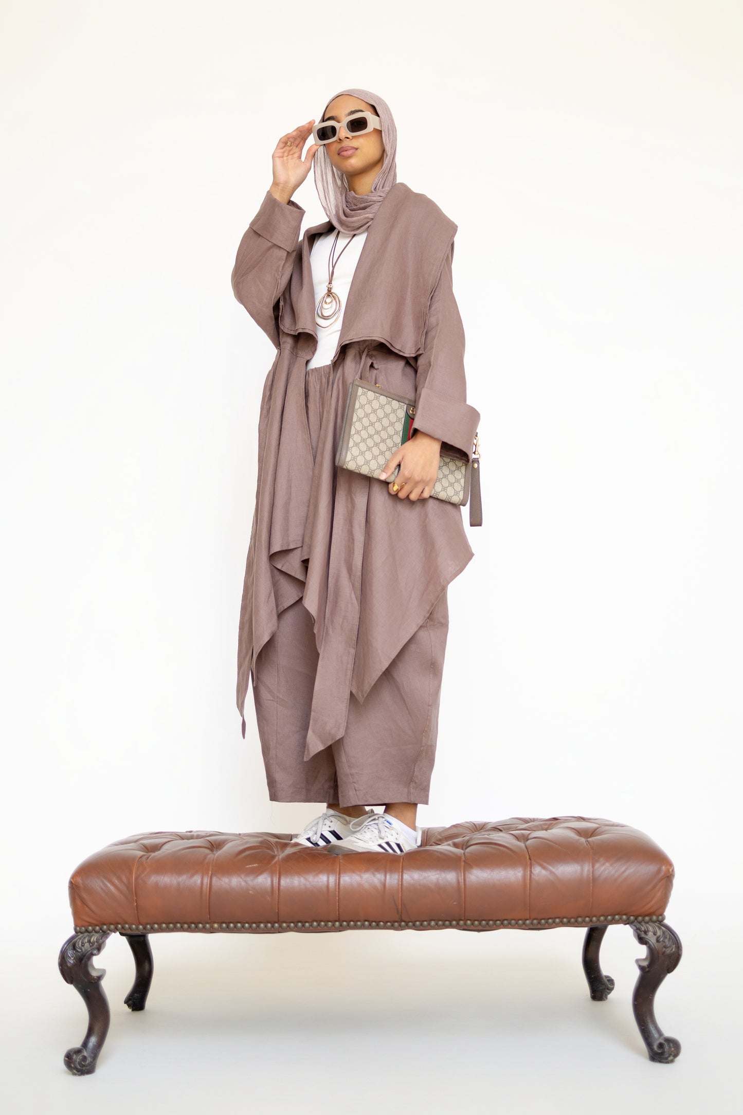 Asymmetrical belt Linen Cardigan in Chocolate