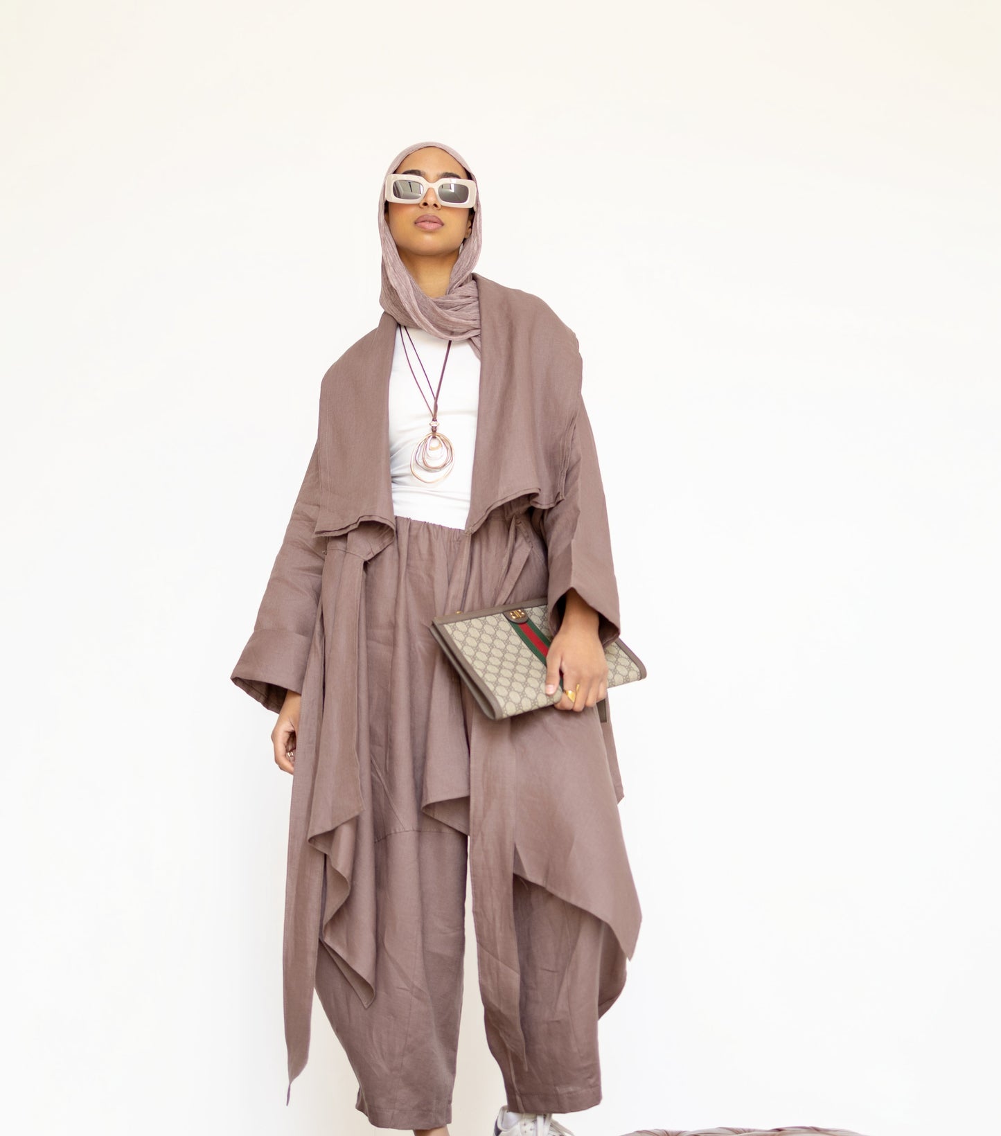 Asymmetrical belt Linen Cardigan in Chocolate