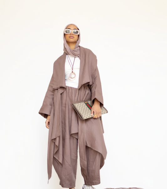 Asymmetrical belt Linen Cardigan in Chocolate