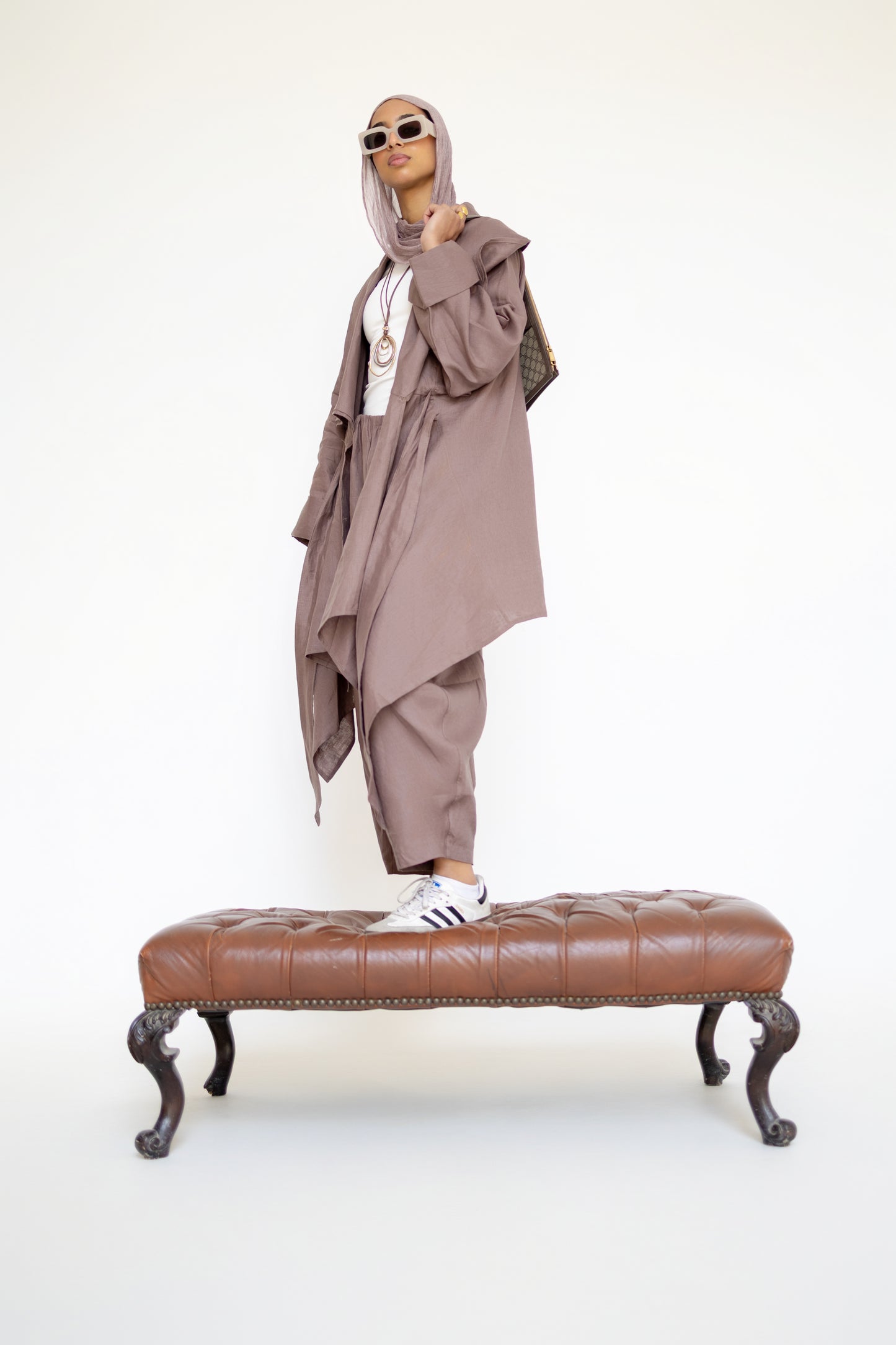 Asymmetrical belt Linen Cardigan in Chocolate