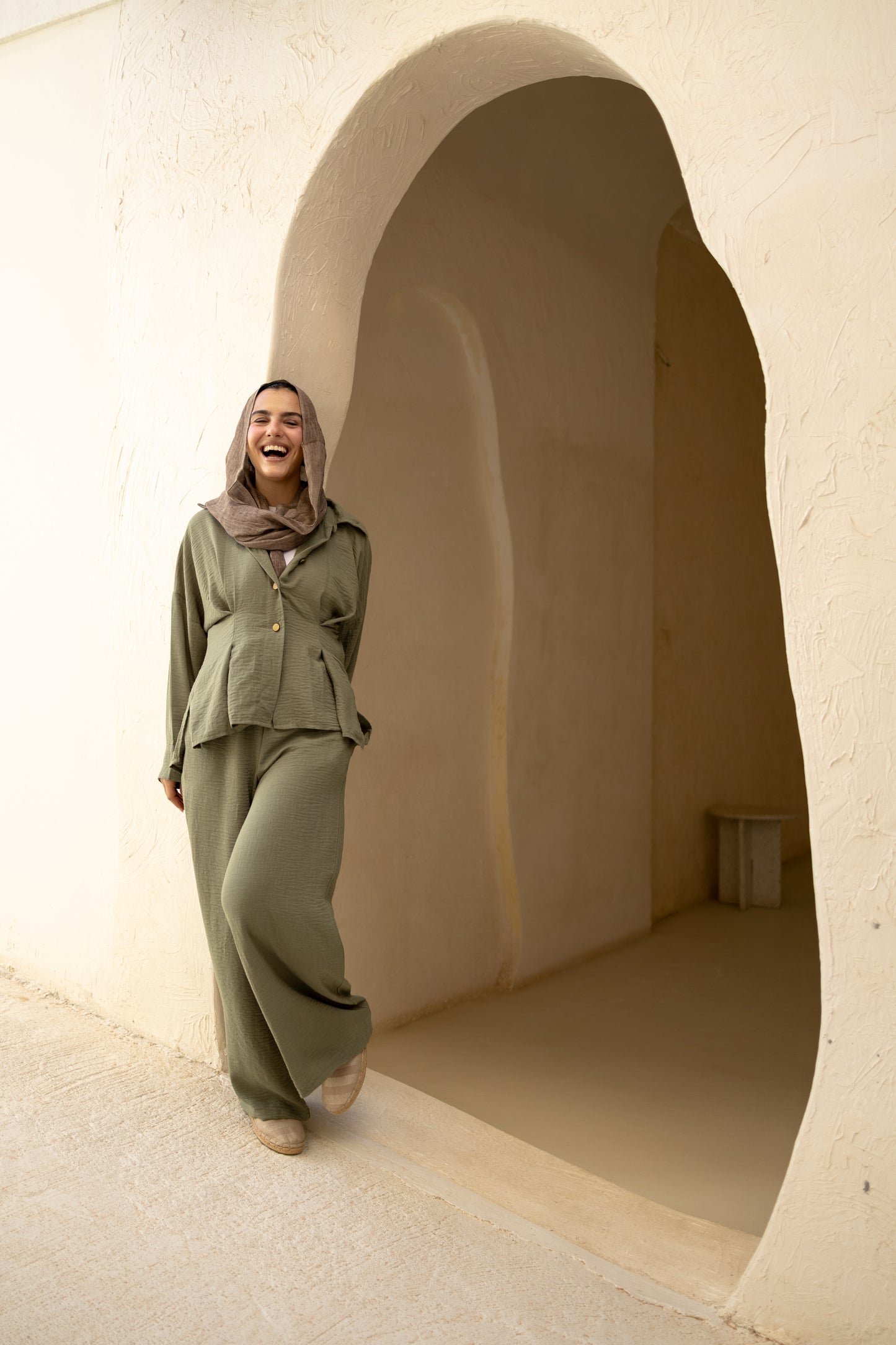 Statement Pleats Shirt Set in Olive